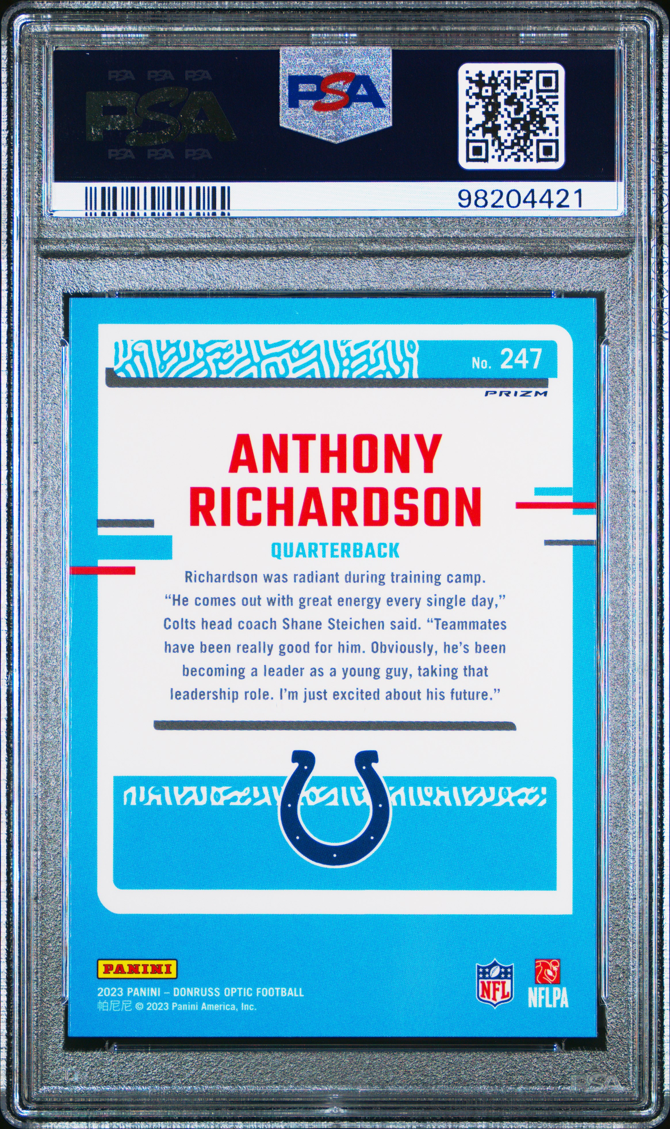 2023 Panini Donruss Optic Anthony Richardson #247 (Blue Hyper) Gem Mt 10 back