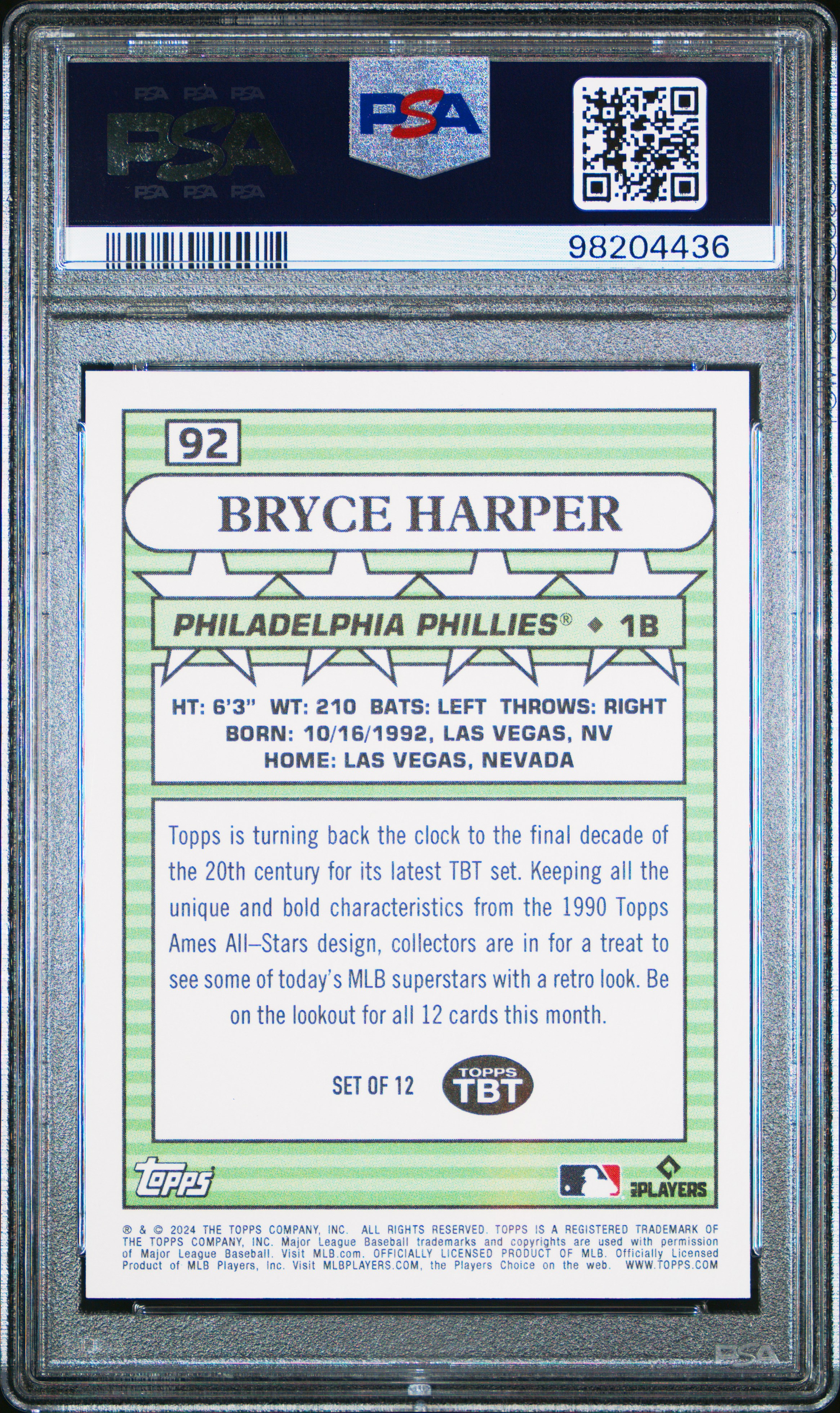 2024 Topps Throwback Thursday Bryce Harper #92 Gem Mt 10 front