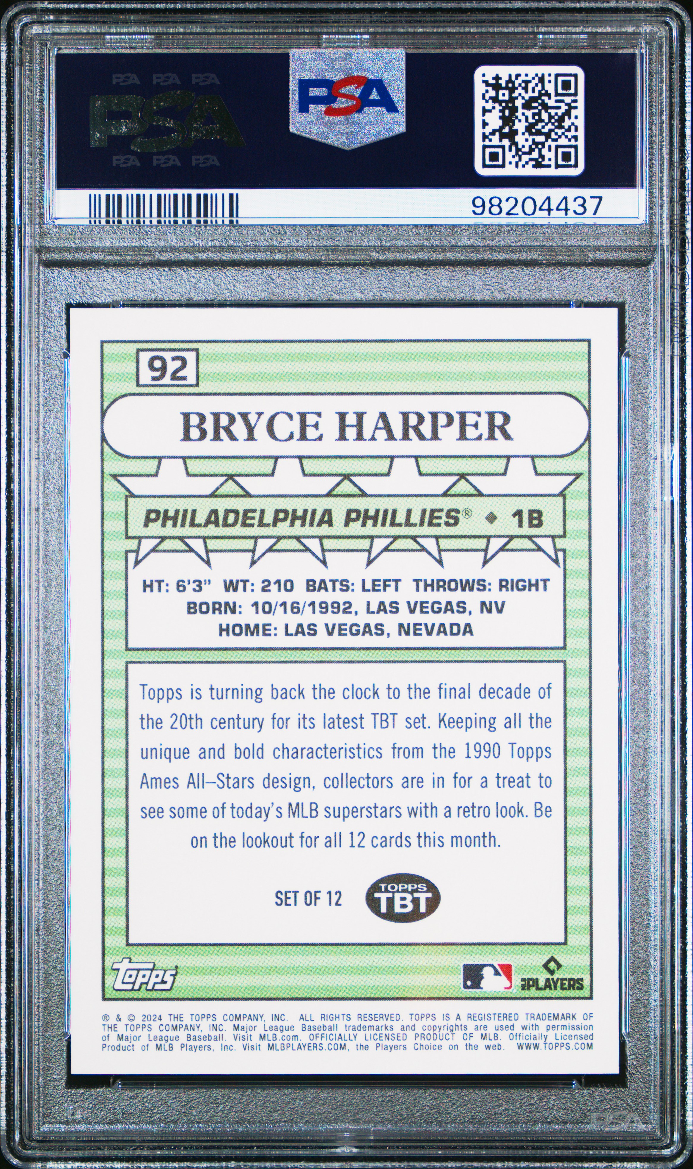 2024 Topps Throwback Thursday Bryce Harper #92 Gem Mt 10 front