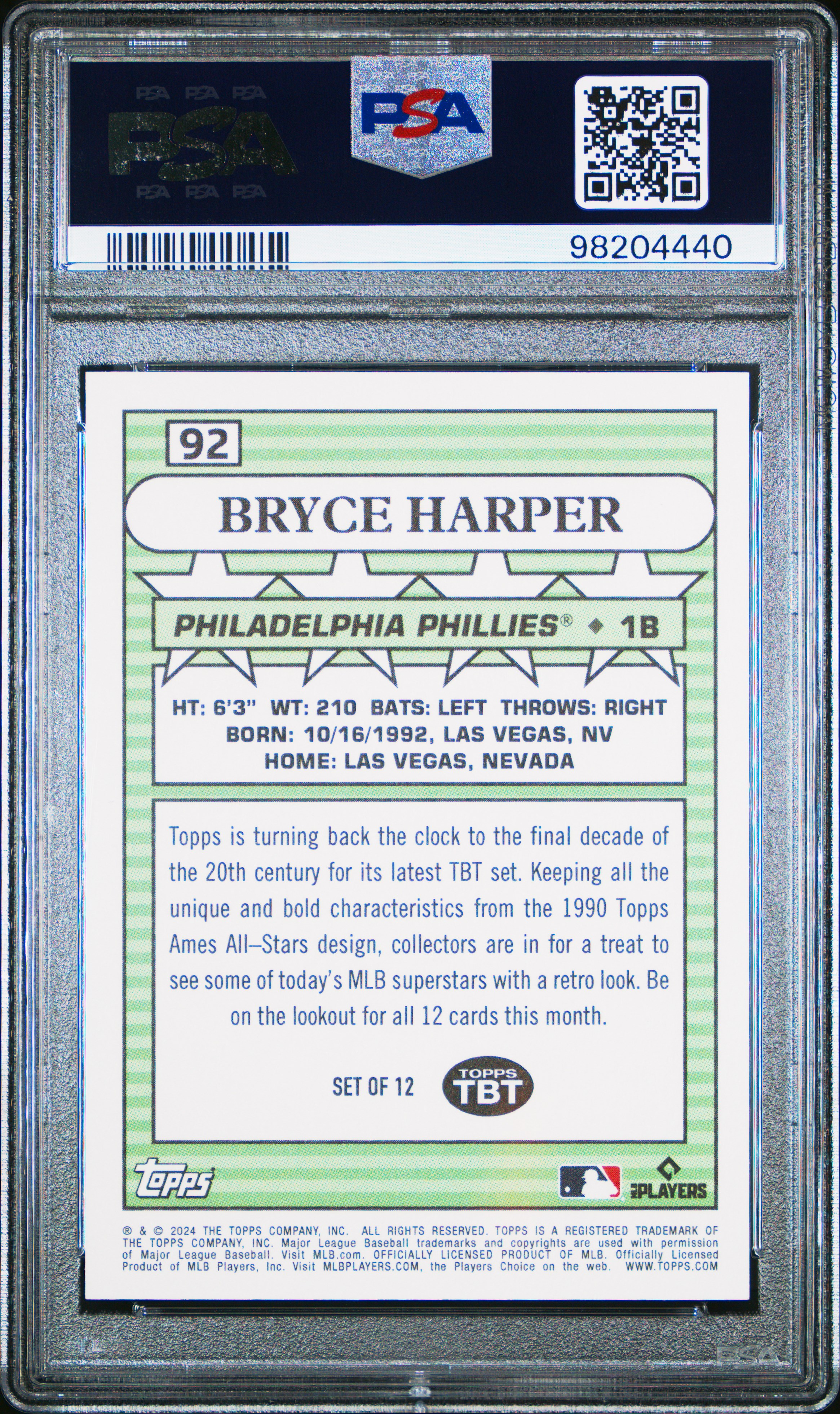2024 Topps Throwback Thursday Bryce Harper #92 Gem Mt 10 front