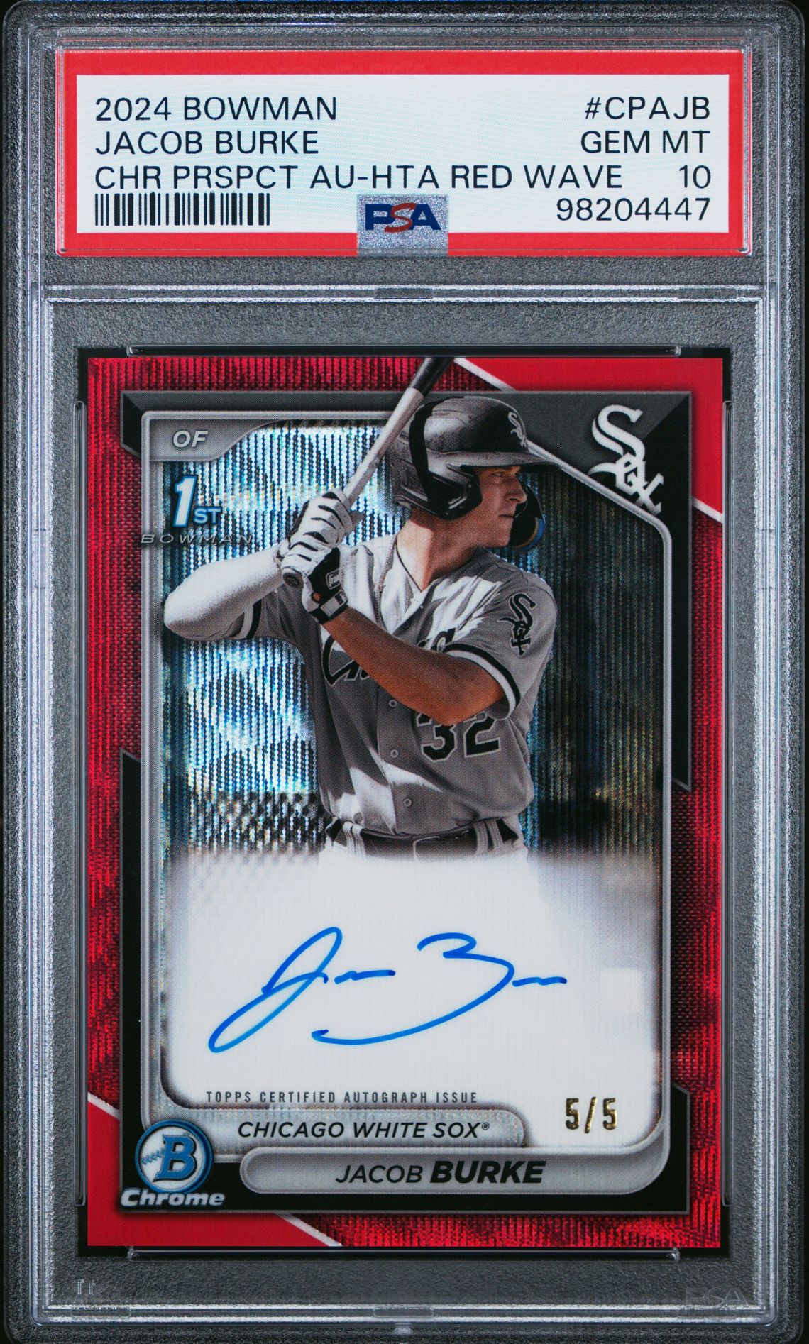 2024 Bowman Chrome Prospect Autographs Jacob Burke #Cpajb (Chr Prspct Au-Hta Red Wave) Gem Mt 10 front