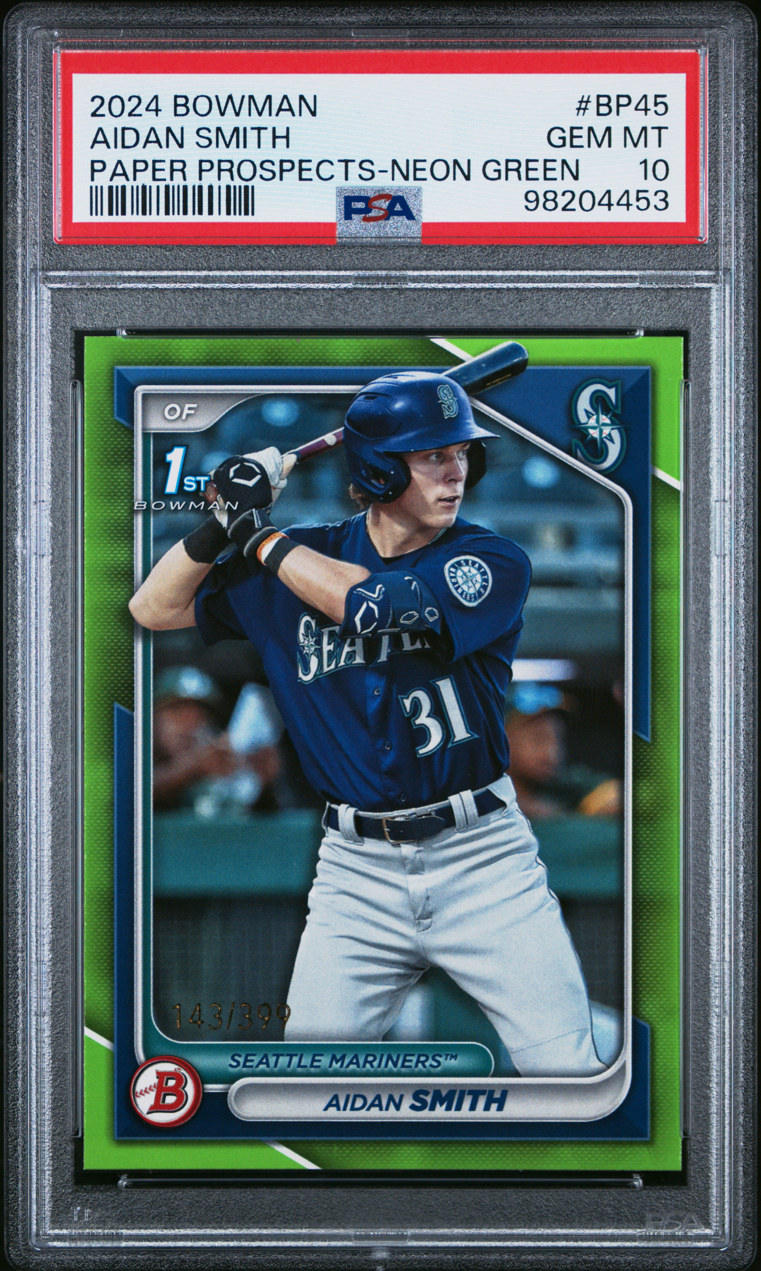 2024 Bowman Paper Prospects Aidan Smith #Bp45 (Paper Prospects-Neon Green) Gem Mt 10 front
