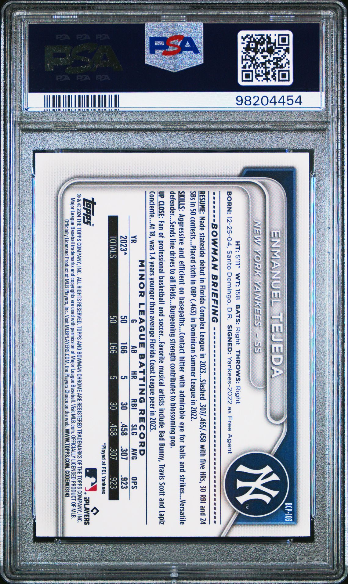 2024 BOWMAN CHROME PROSPECTS ENMANUEL TEJEDA CHR PROSPECTS-SPECKLE REF BCP103 GEM MT 10 back