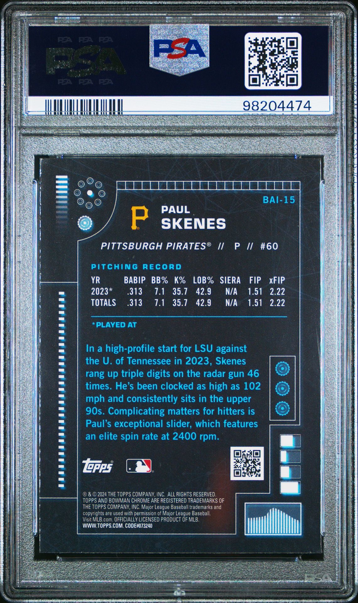 2024 Bowman Bowman Ai Paul Skenes #Bai15 Gem Mt 10 back