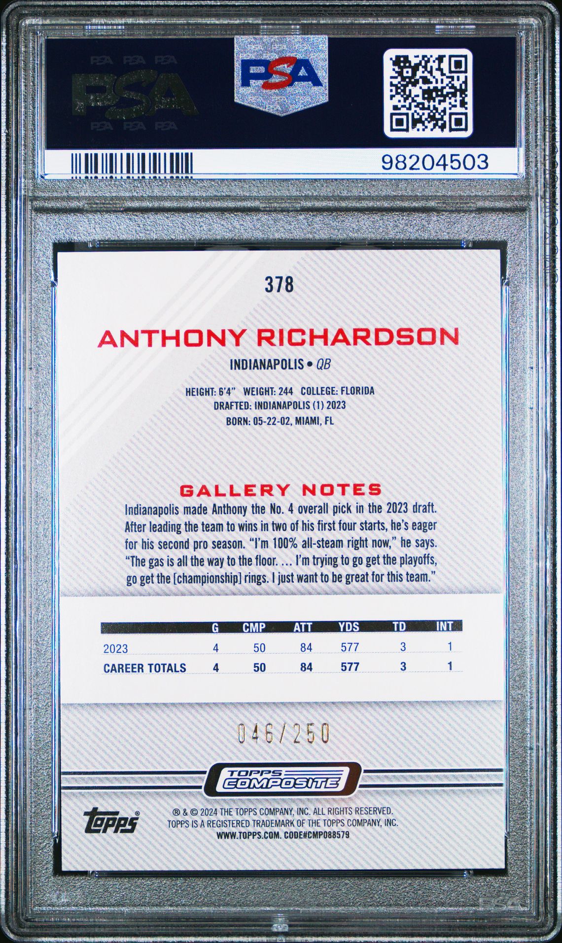 2023 Topps Composite Anthony Richardson #378 (Green Rainbow Foilboard) Gem Mt 10 back