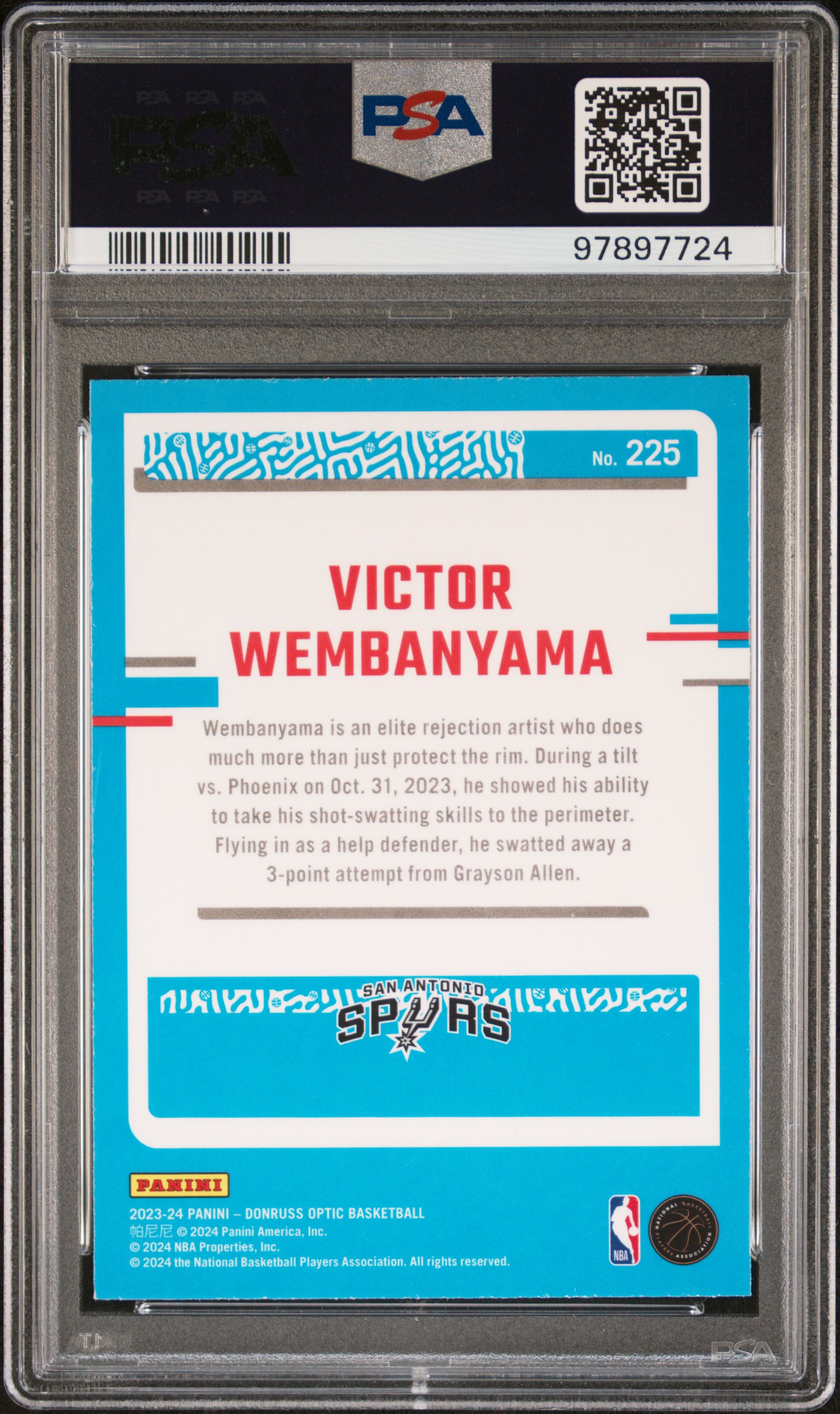 2023 Panini Donruss Optic Victor Wembanyama #225 Gem Mt 10 back