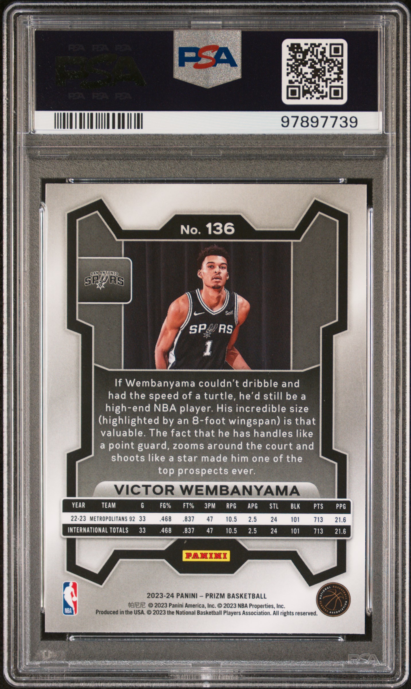 2023 Panini Prizm Victor Wembanyama #136 Gem Mt 10 back