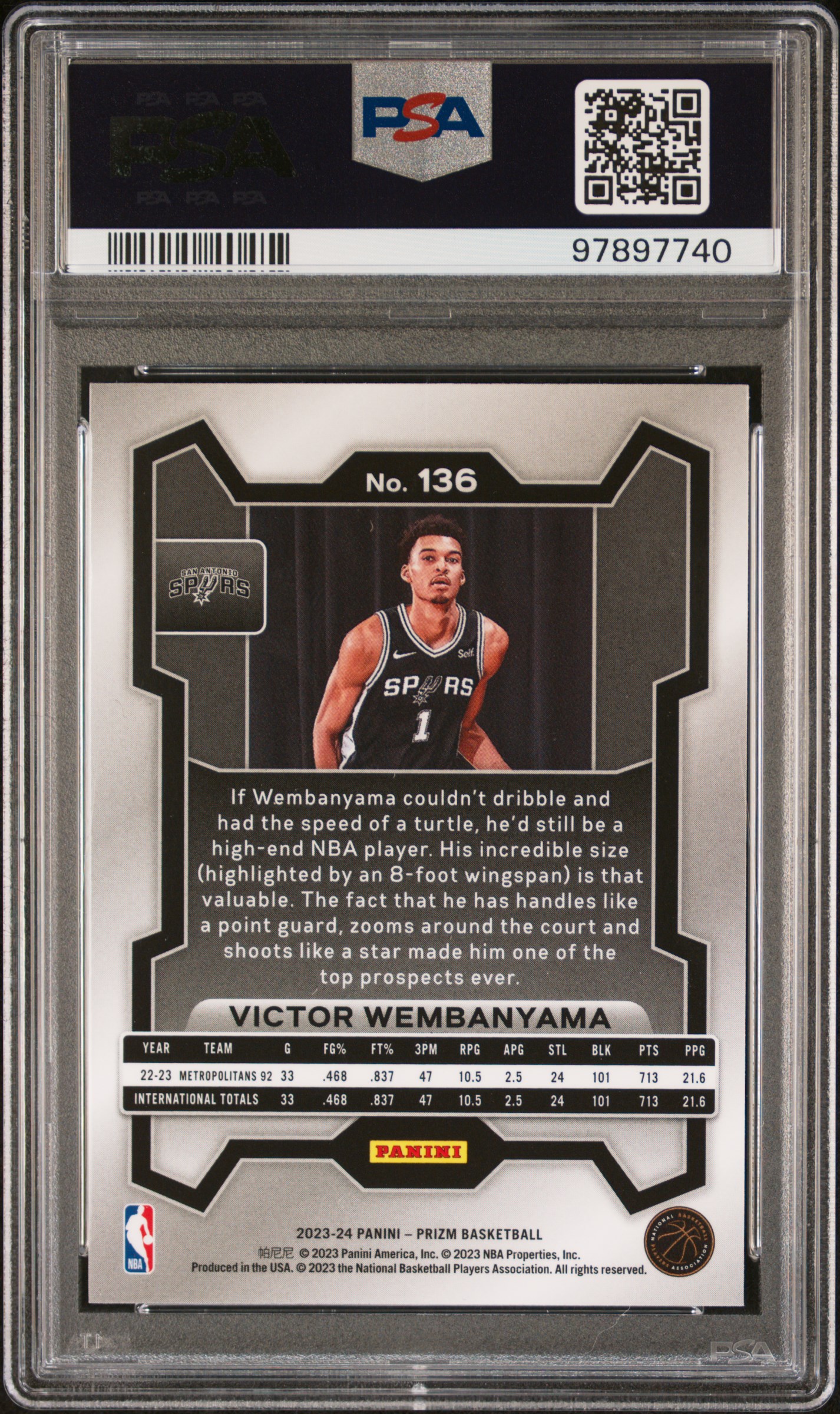 2023 Panini Prizm Victor Wembanyama #136 Gem Mt 10 back