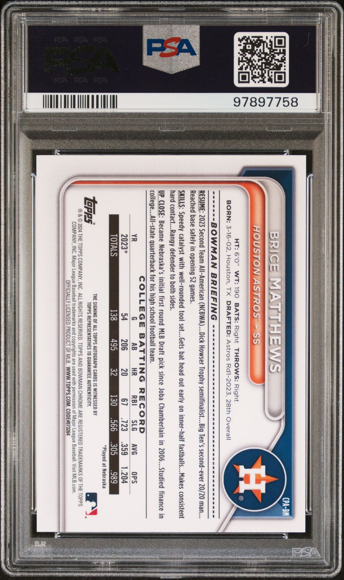 2024 Bowman Chrome Prospect Autographs Brice Matthews #Cpabm (Chr Prospect Au-Gold Ref) Mint 9 back