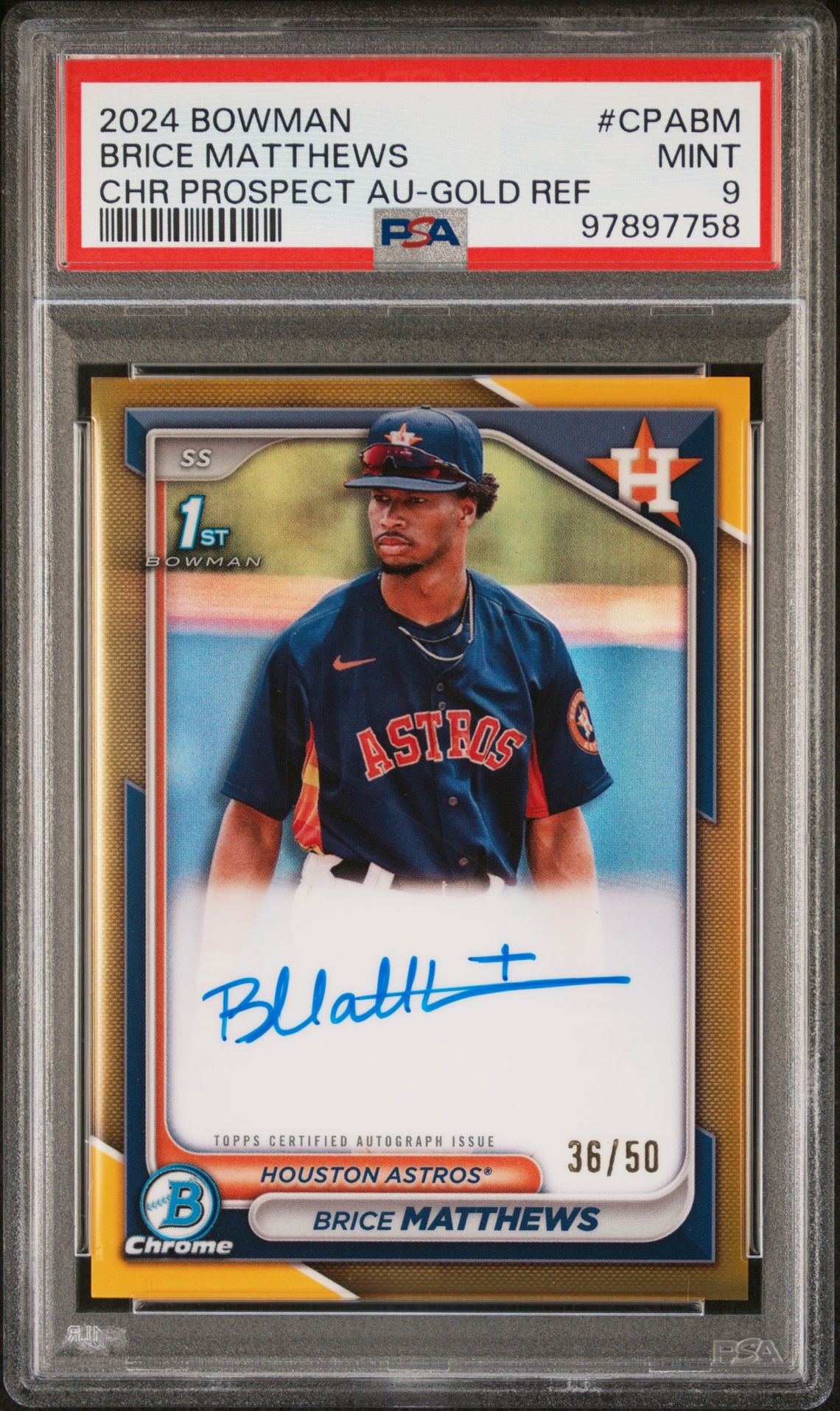 2024 Bowman Chrome Prospect Autographs Brice Matthews #Cpabm (Chr Prospect Au-Gold Ref) Mint 9 front