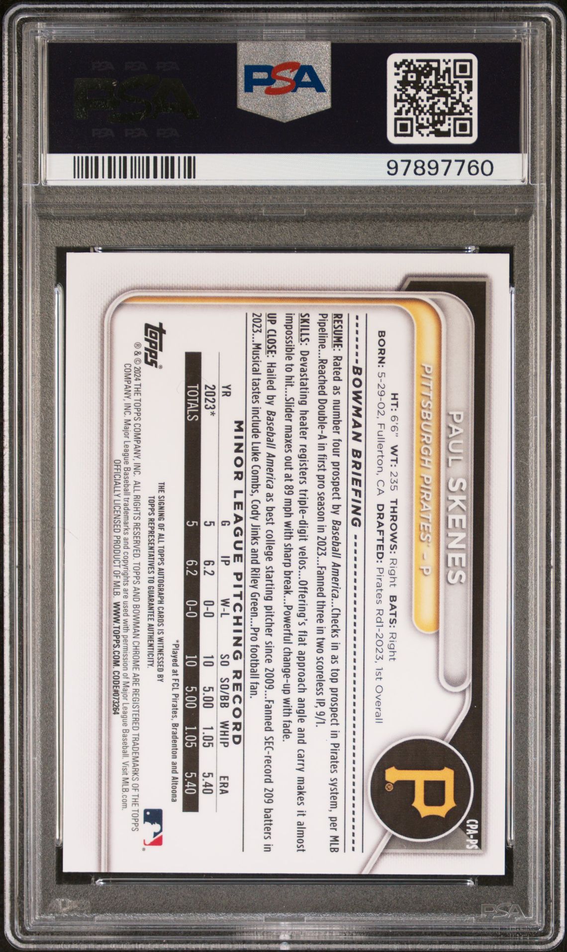 2024 Bowman Chrome Prospect Autographs Paul Skenes #Cpaps (Chr Prspct Au-Hta Choice Ref) Gem Mt 10 back