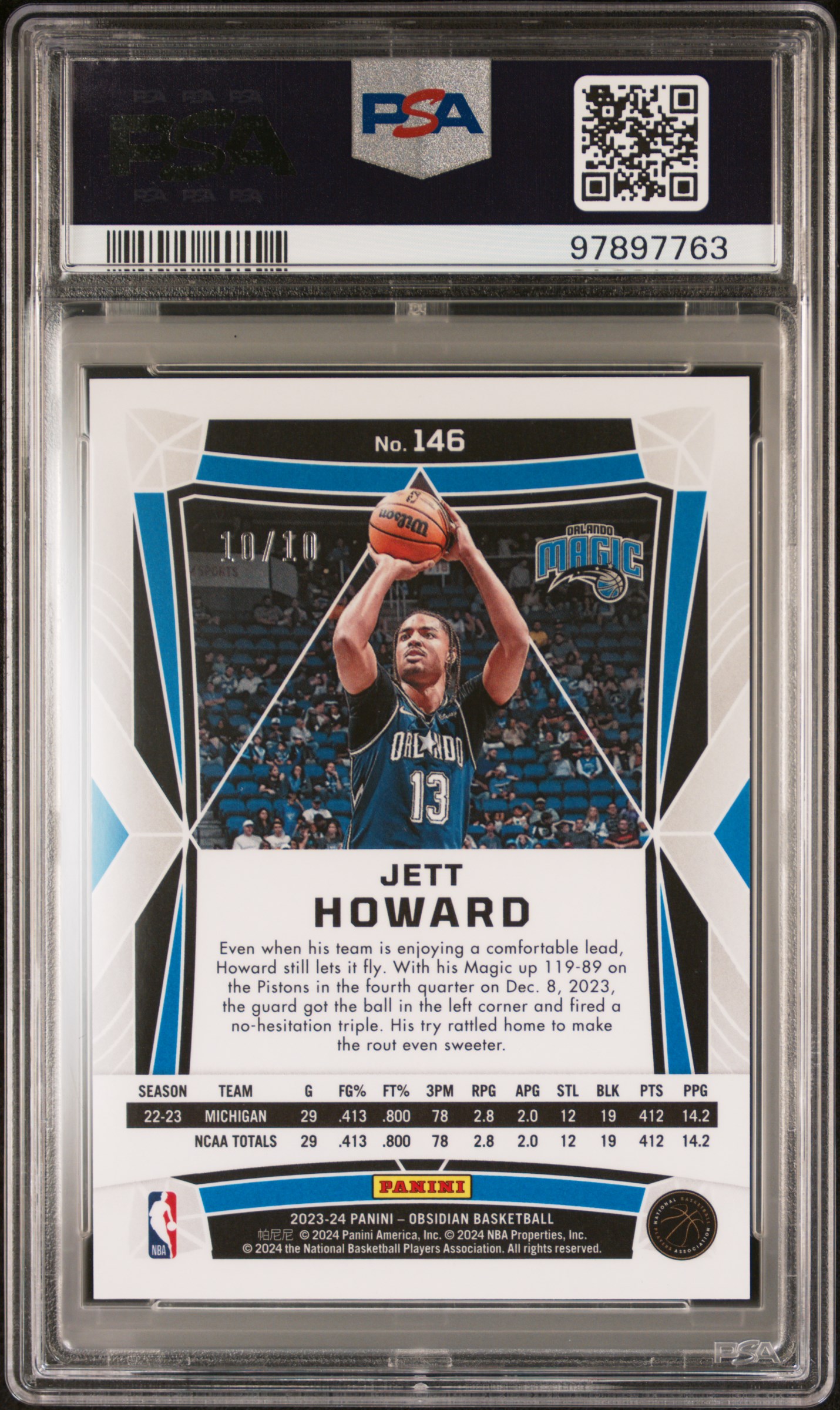 2023 Panini Obsidian Jett Howard #146 (Electric Etch Gold Flood) Gem Mt 10 back