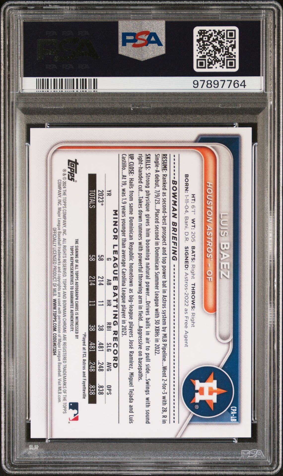 2024 Bowman Chrome Prospect Autographs Luis Baez #Cpalb Gem Mt 10 back view - PSA certificate #97897764