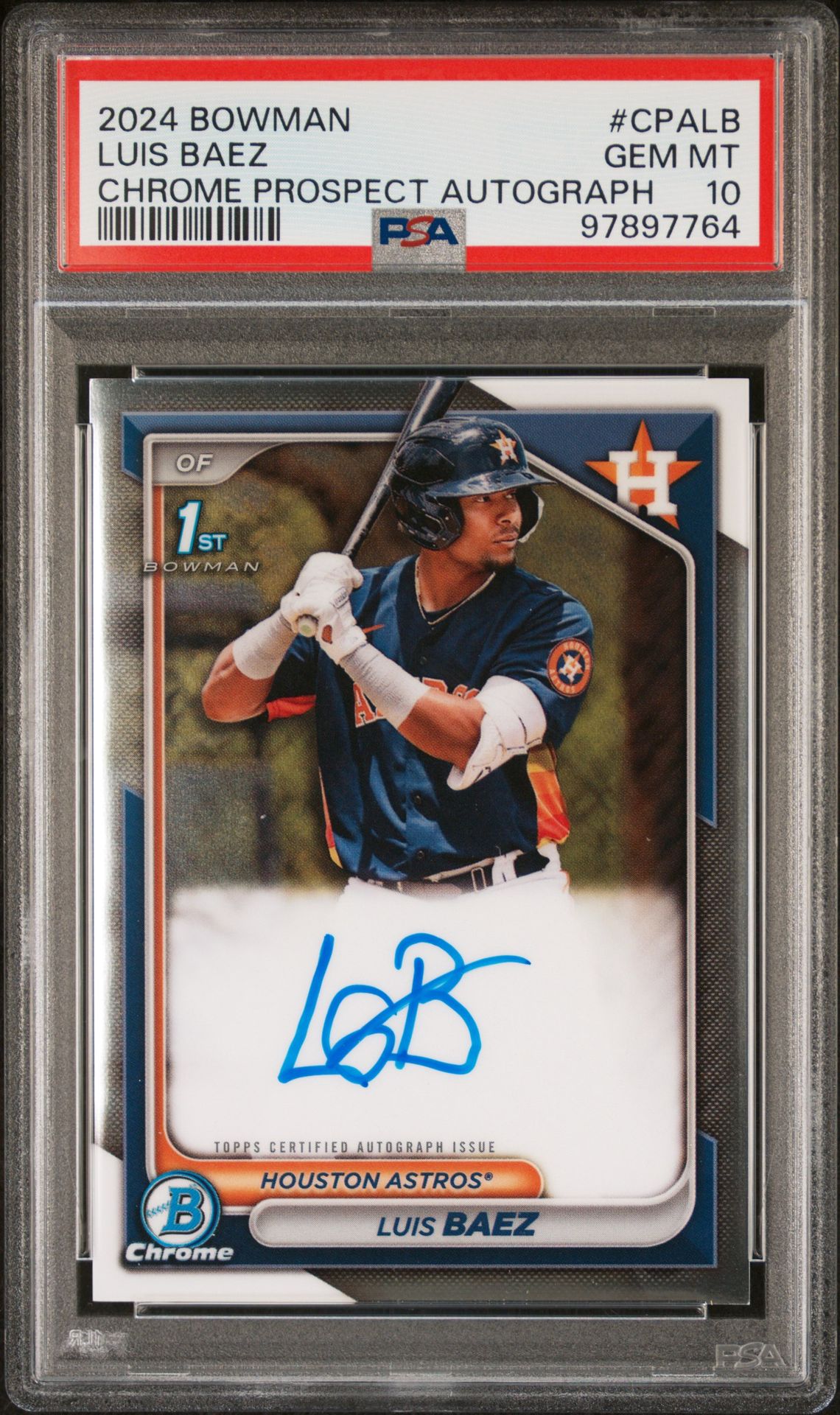 2024 Bowman Chrome Prospect Autographs Luis Baez #Cpalb Gem Mt 10 front view - PSA graded GEM MT 10
