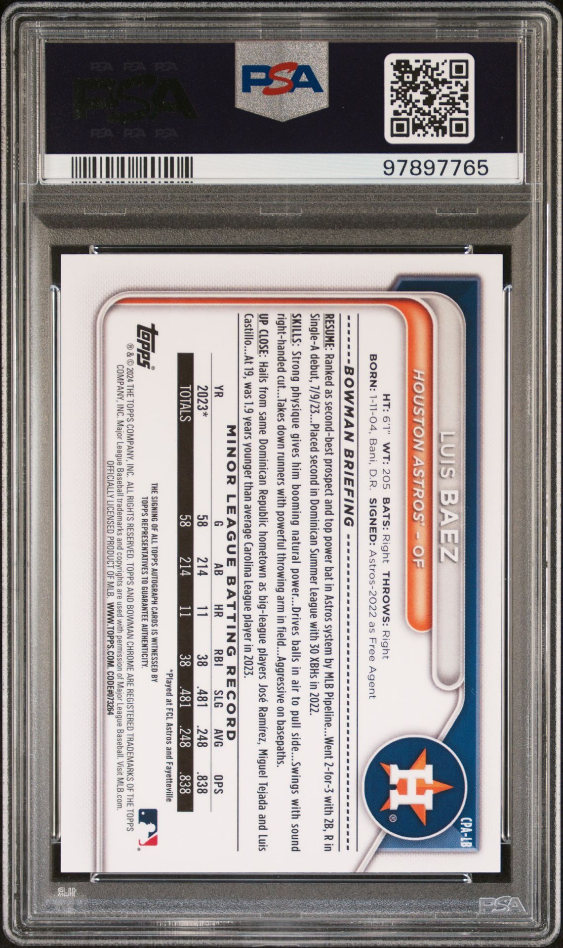 2024 Bowman Chrome Prospect Autographs Luis Baez #Cpalb Gem Mt 10 back