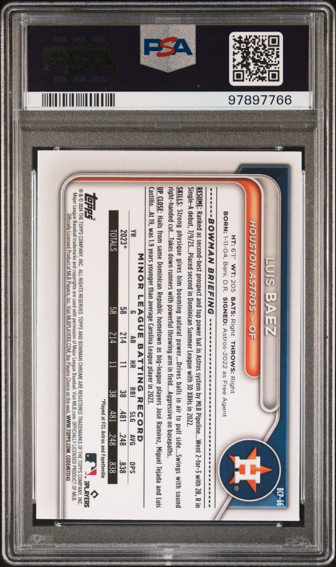 2024 Bowman Chrome Prospects Luis Baez #Bcp66 (Chr Prospects-Prp Raywave) Gem Mt 10 back