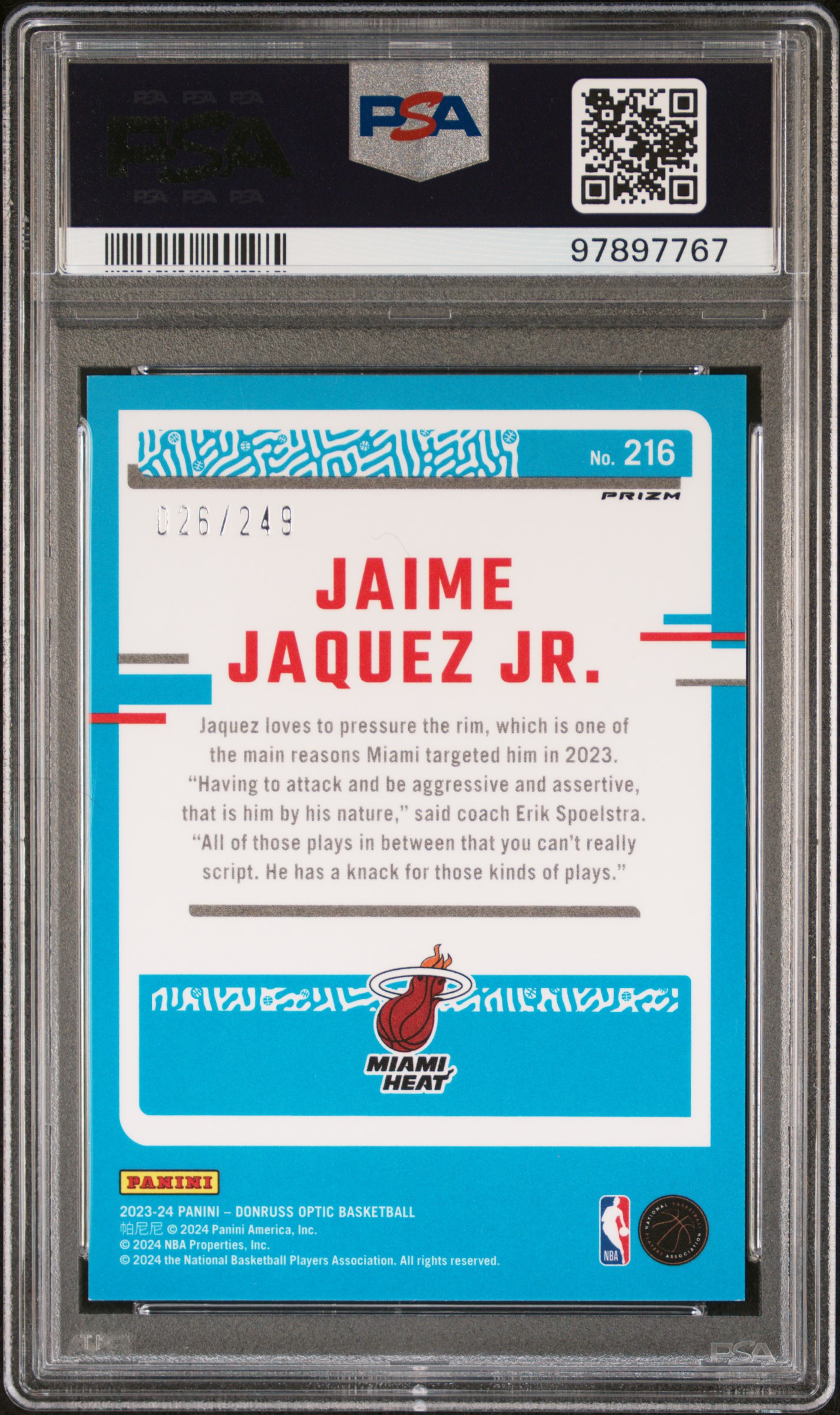 2023 Panini Donruss Optic Jaime Jaquez Jr. #216 (Aqua) Gem Mt 10 back