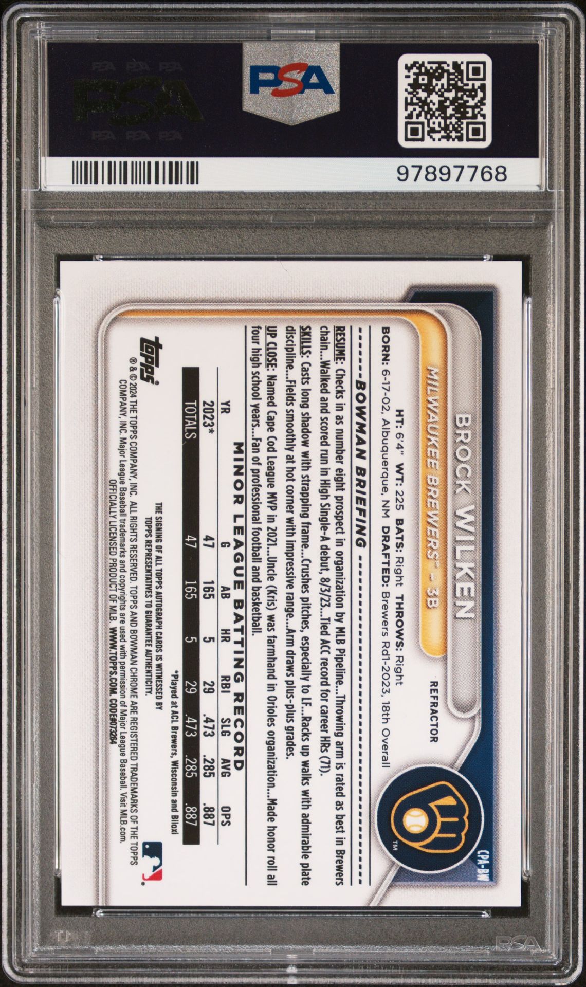 2024 Bowman Chrome Prospect Autographs Brock Wilken #Cpabw (Chrome Prspct Au-Refractor) Gem Mt 10 back view - PSA certificate #97897768