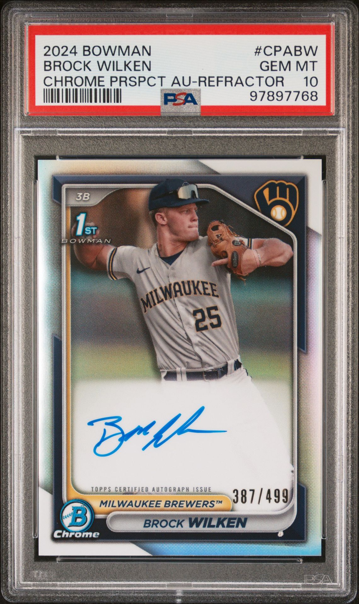 2024 Bowman Chrome Prospect Autographs Brock Wilken #Cpabw (Chrome Prspct Au-Refractor) Gem Mt 10 front view - PSA graded GEM MT 10