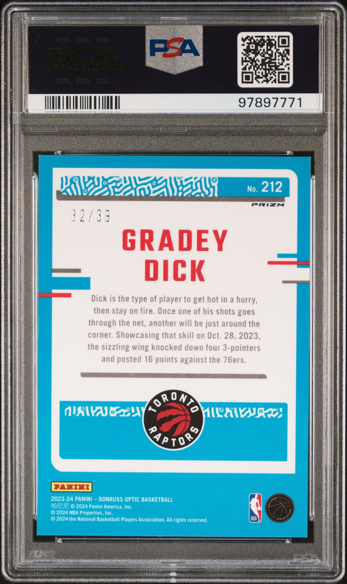 2023 Panini Donruss Optic Gradey Dick #212 (Black Velocity) Mint 9 back