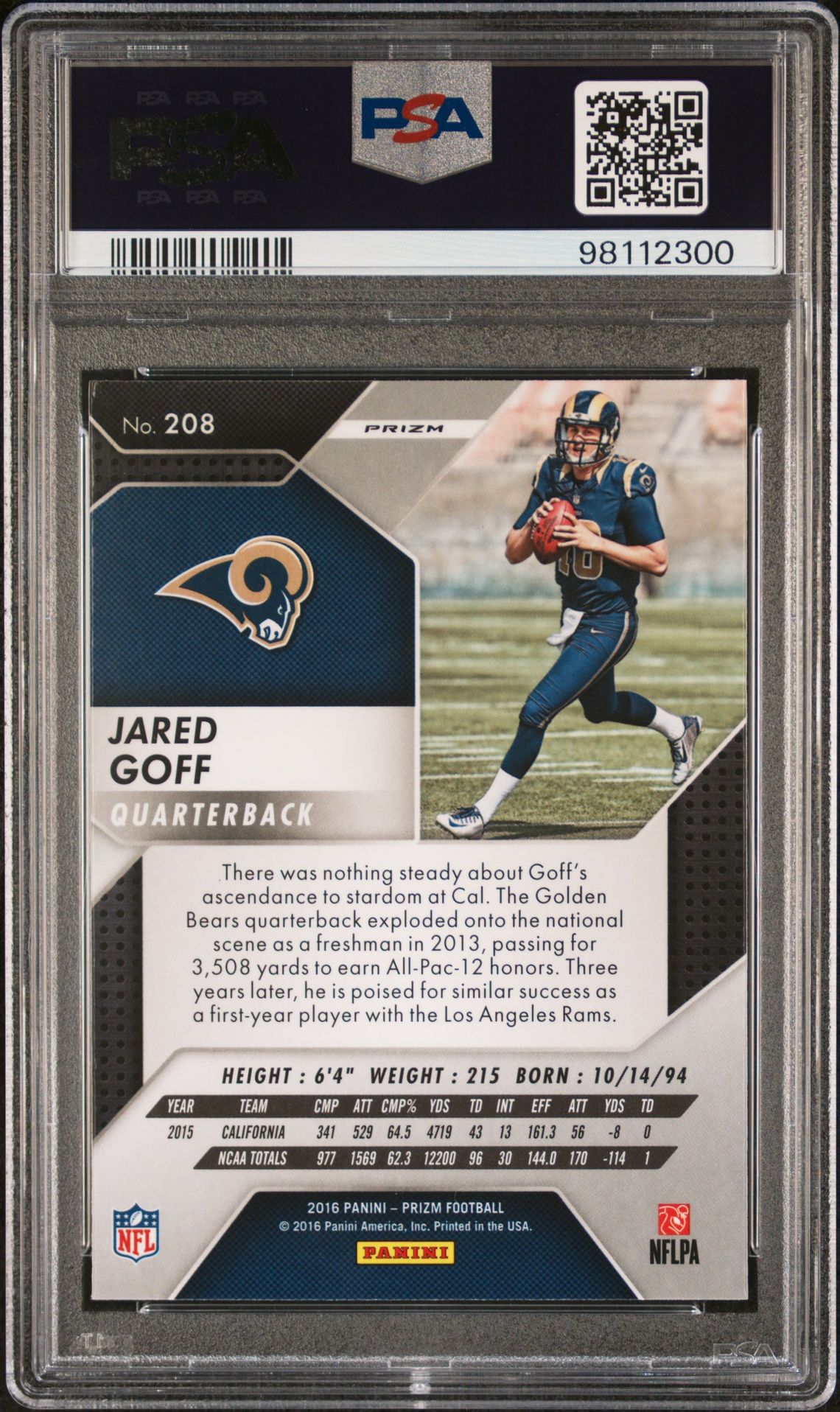 2016 Panini Prizm Jared Goff #208 (Prizm) Gem Mt 10 back view - PSA certificate #98112300