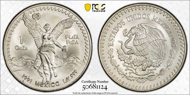 1991-Mo Onza Libertad Ag T2 - PLaTA PuRA MS68