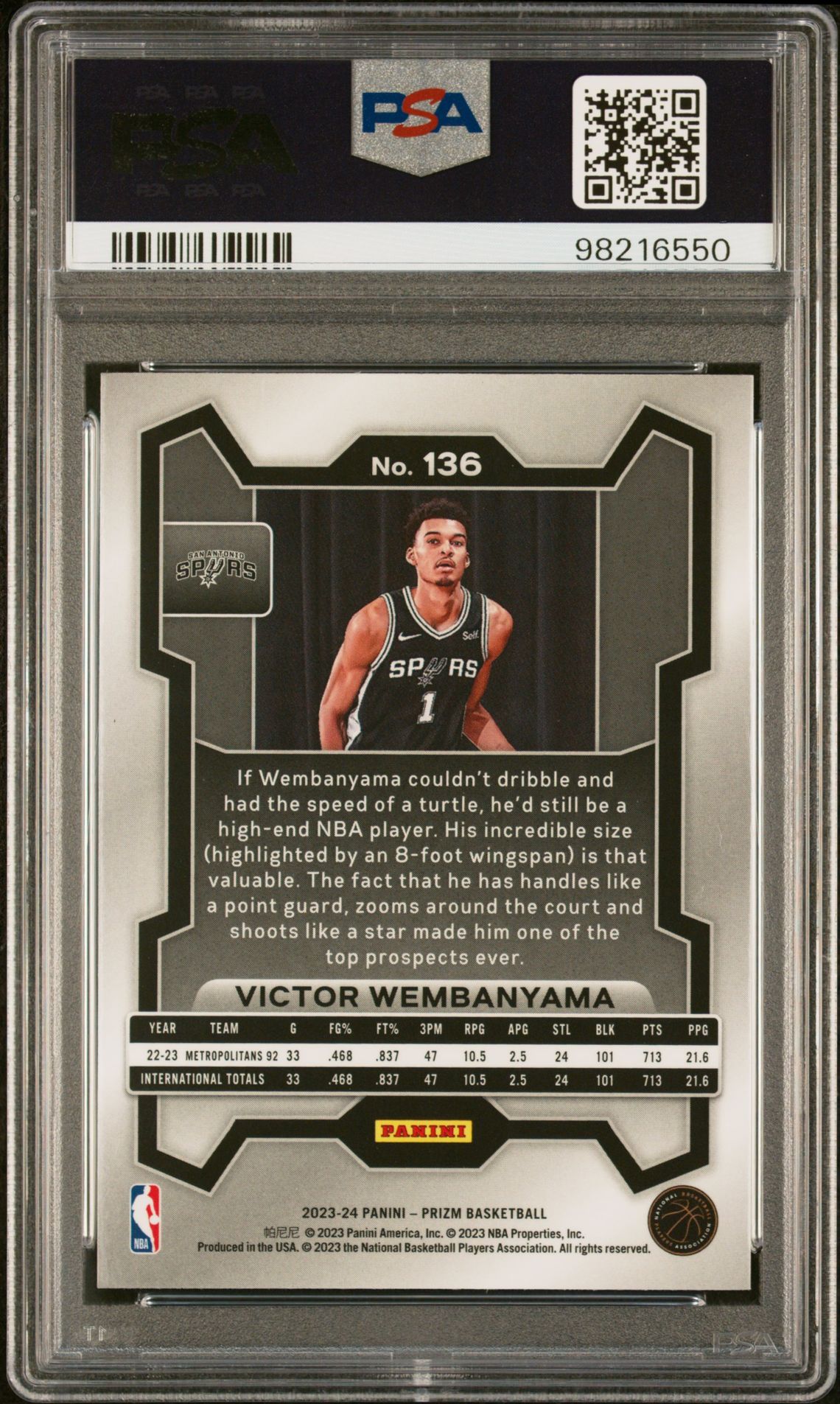 2023 Panini Prizm Victor Wembanyama #136 Gem Mt 10 back view - PSA certificate #98216550