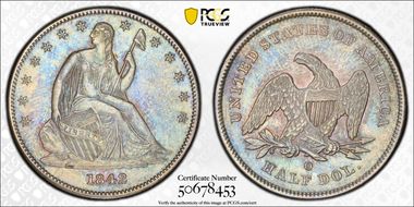 1842-O 50C Small Date, Rev. of 1839 AU58