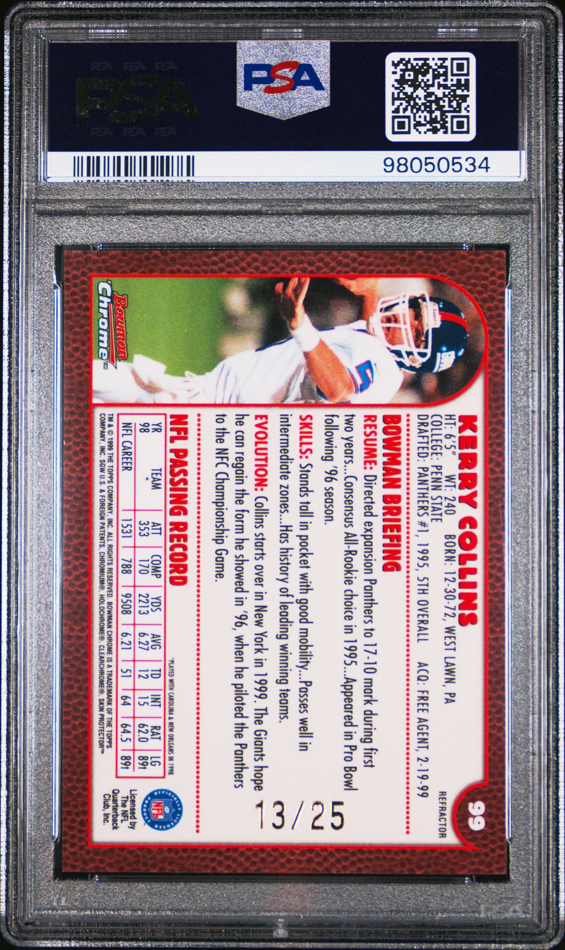 1999 Bowman Chrome Kerry Collins #99 (Gold Refractor) Nm 7 back