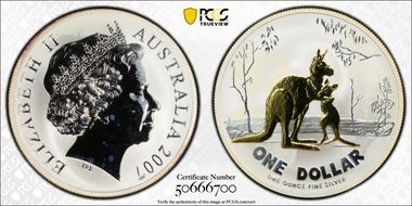 2007 $1 Kangaroo Ag-Rolf Harris Selective Gilt MS66