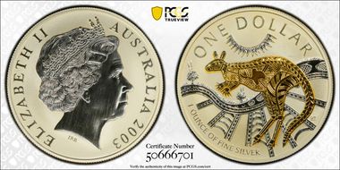2003 $1 Kangaroo Ag-Aboriginal Design Partial Gilt Ag MS69