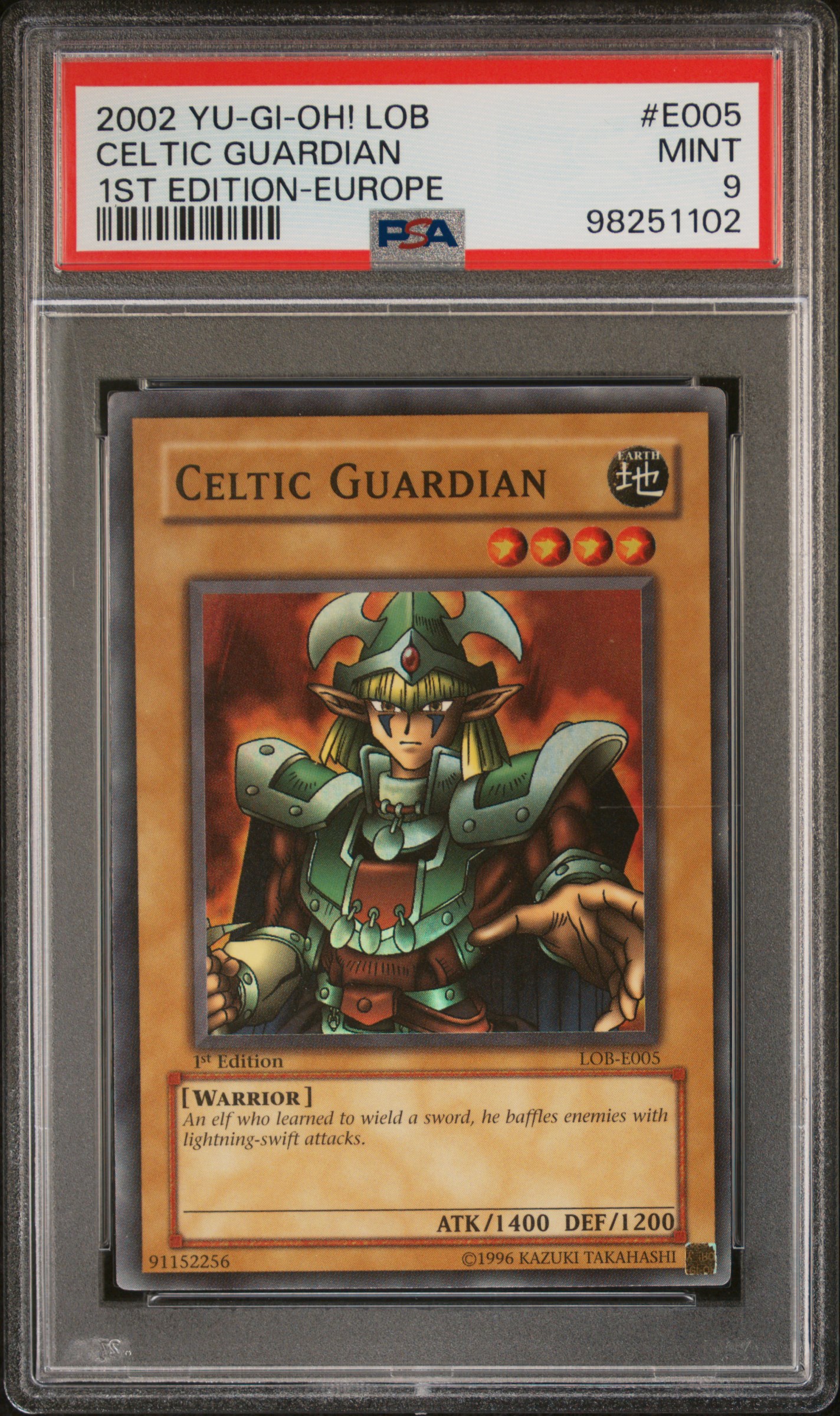 2002 Yu-Gi-Oh! Lob-Legend Of Blue Eyes White Dragon Celtic Guardian #E005 (1St Edition-Europe) Mint 9 front