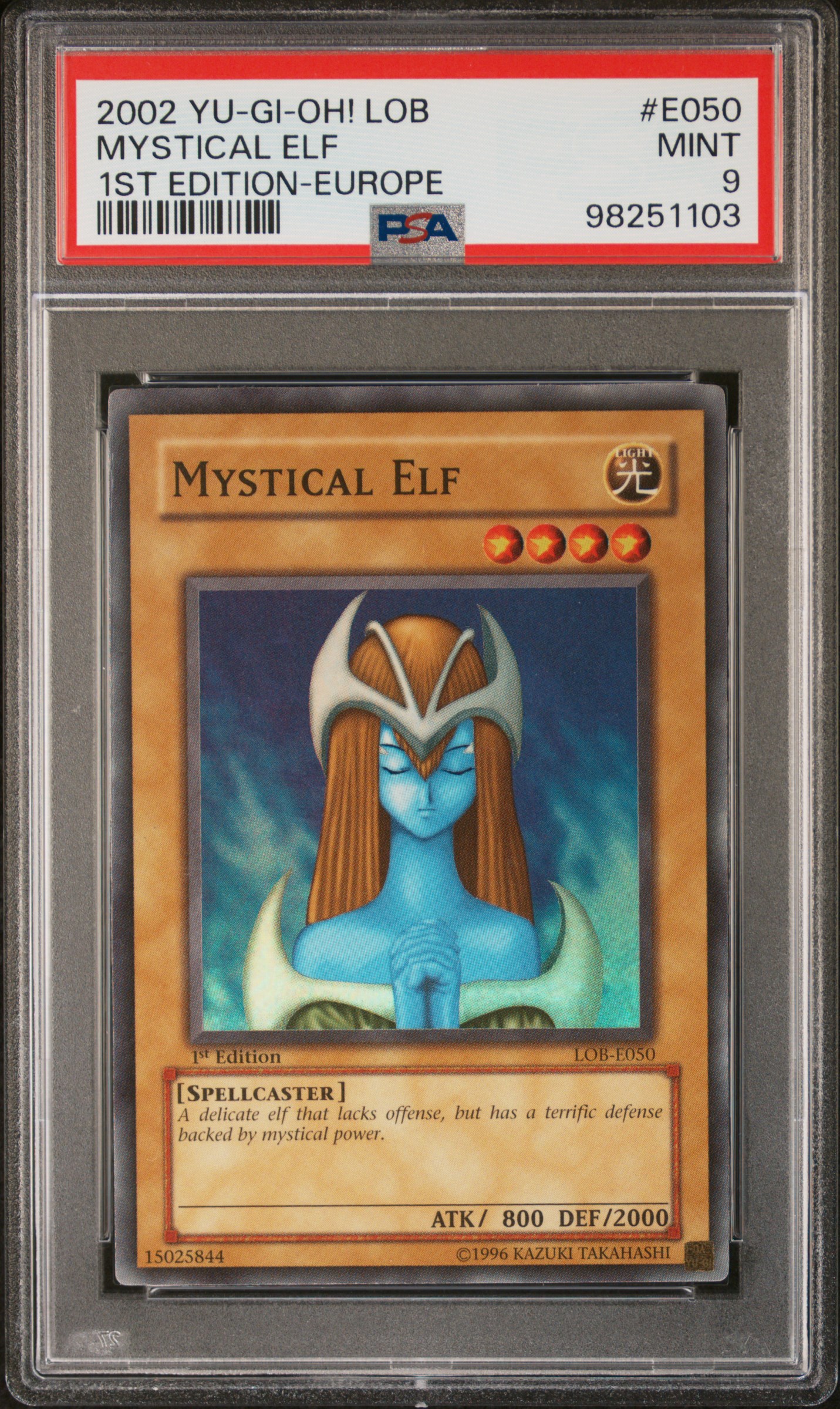 2002 Yu-Gi-Oh! Lob-Legend Of Blue Eyes White Dragon Mystical Elf #E050 (1St Edition-Europe) Mint 9 front