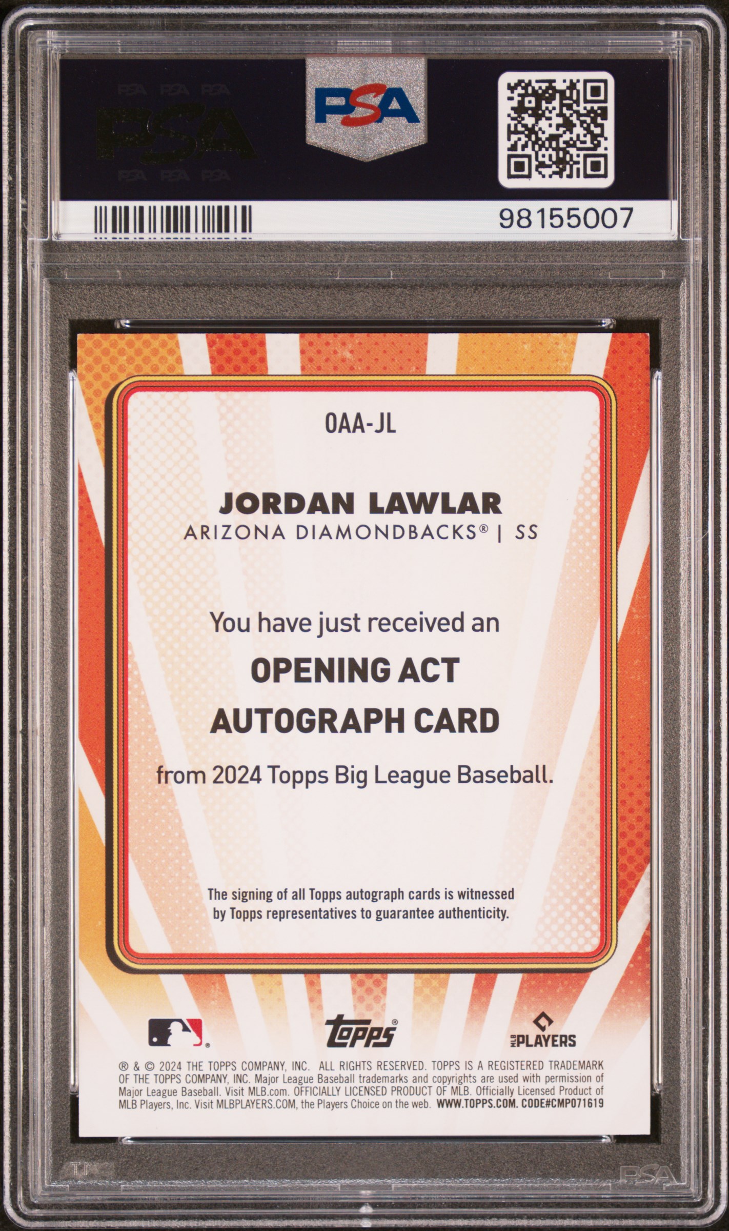 2024 Topps Big League Opening Act Autographs Jordan Lawlar #Oaajl (Opening Act Autograph) Mint 9 back