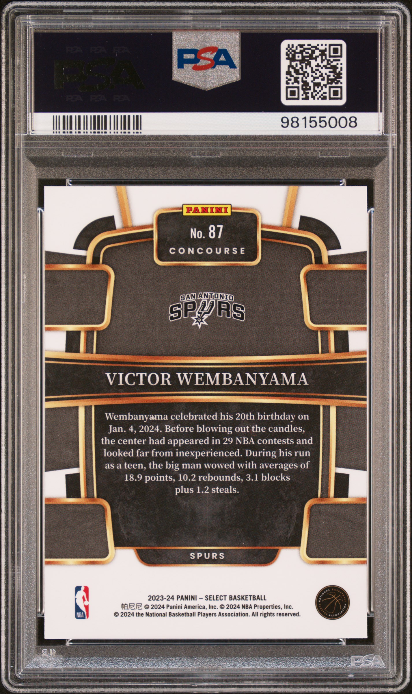 2023 Panini Select Victor Wembanyama #87 (Blue) Gem Mt 10 back