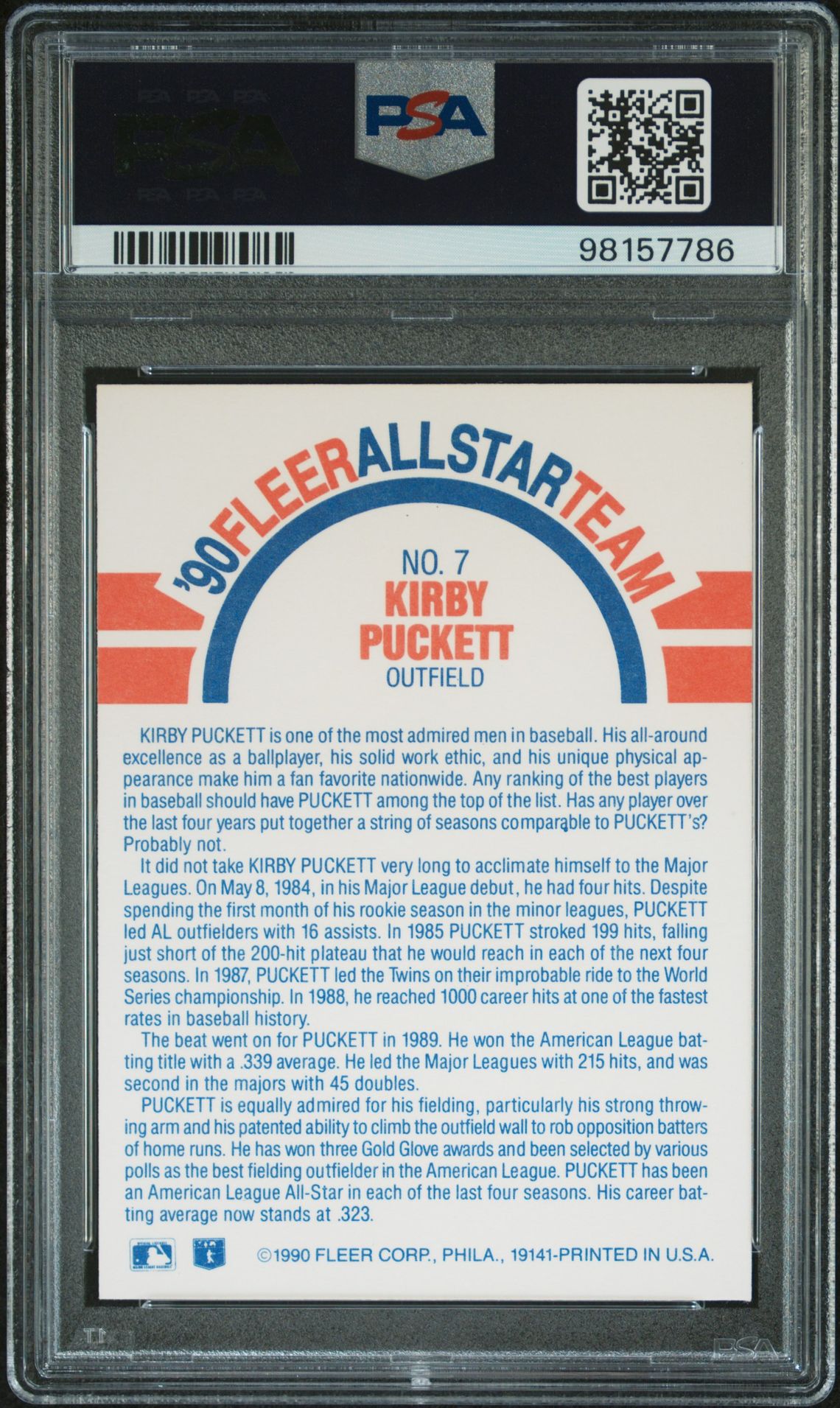 1990 Fleer All-Stars Kirby Puckett #7 Nm 7 back