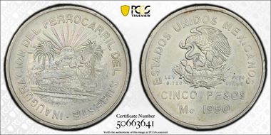 1950-Mo 5 Peso Southeastern Railroad KM-466 Ag MS63