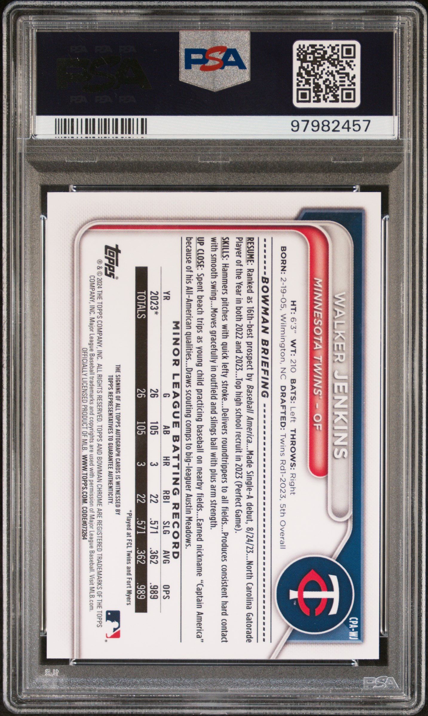 2024 Bowman Chrome Prospect Autographs Walker Jenkins #Cpawj Gem Mt 10 back