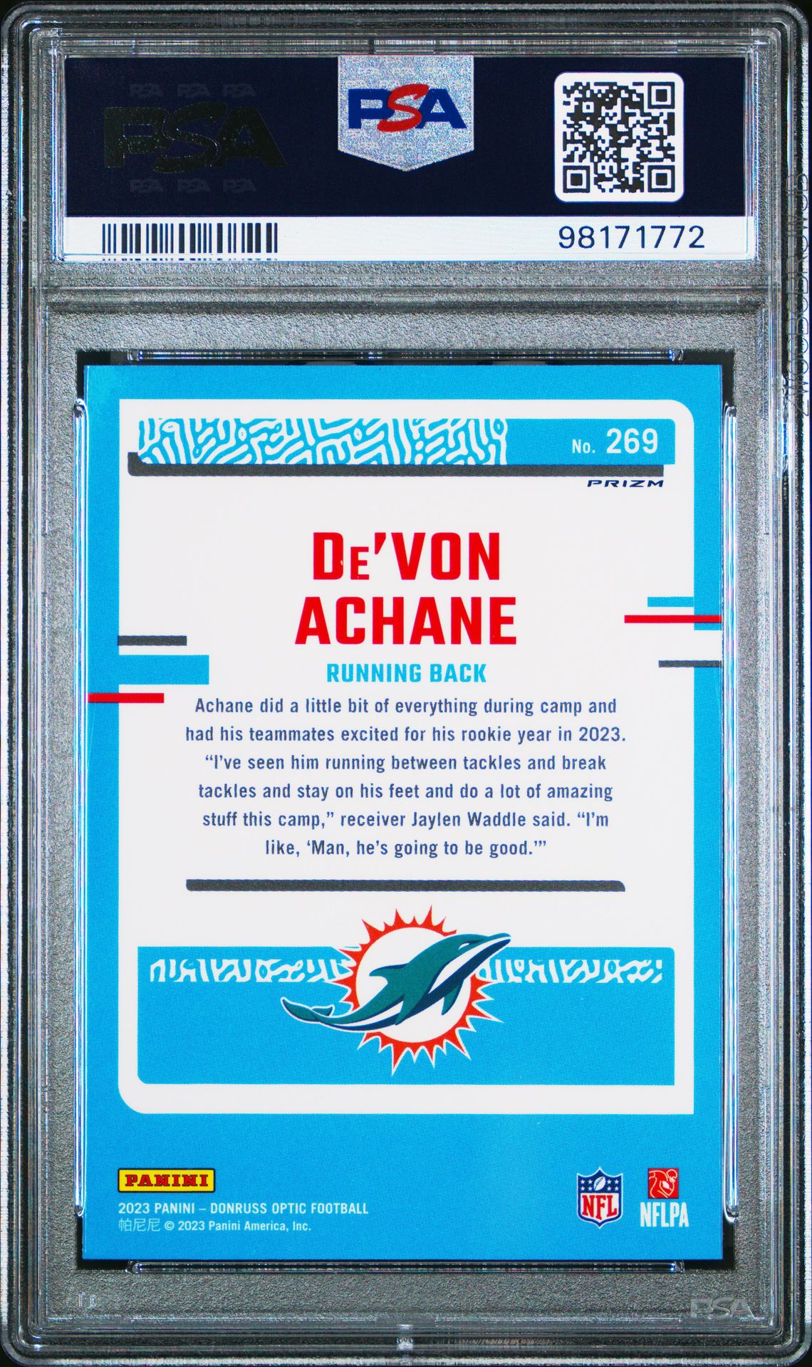 2023 Panini Donruss Optic De'von Achane #269 (Purple Shock) Gem Mt 10 back