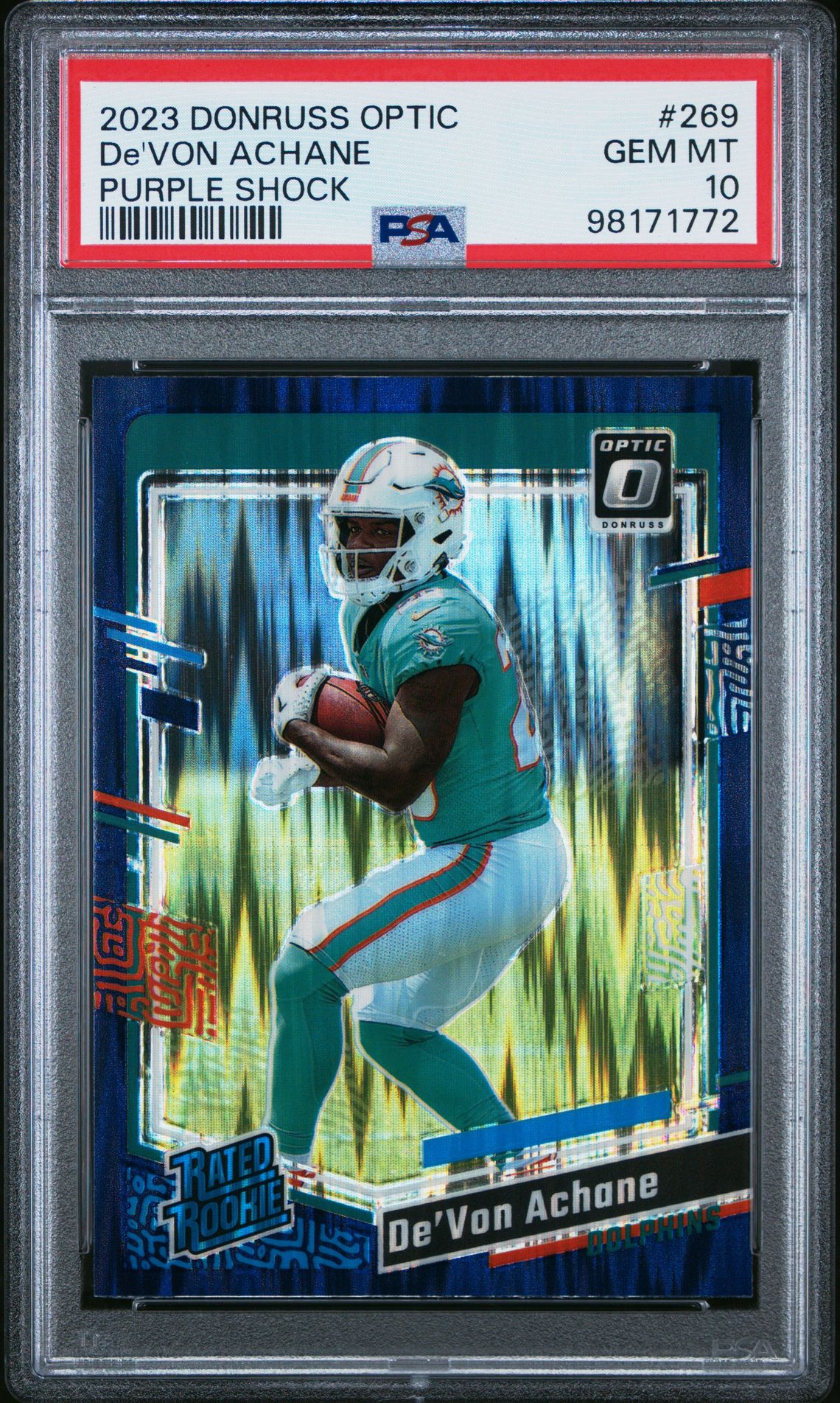 2023 Panini Donruss Optic De'von Achane #269 (Purple Shock) Gem Mt 10 front