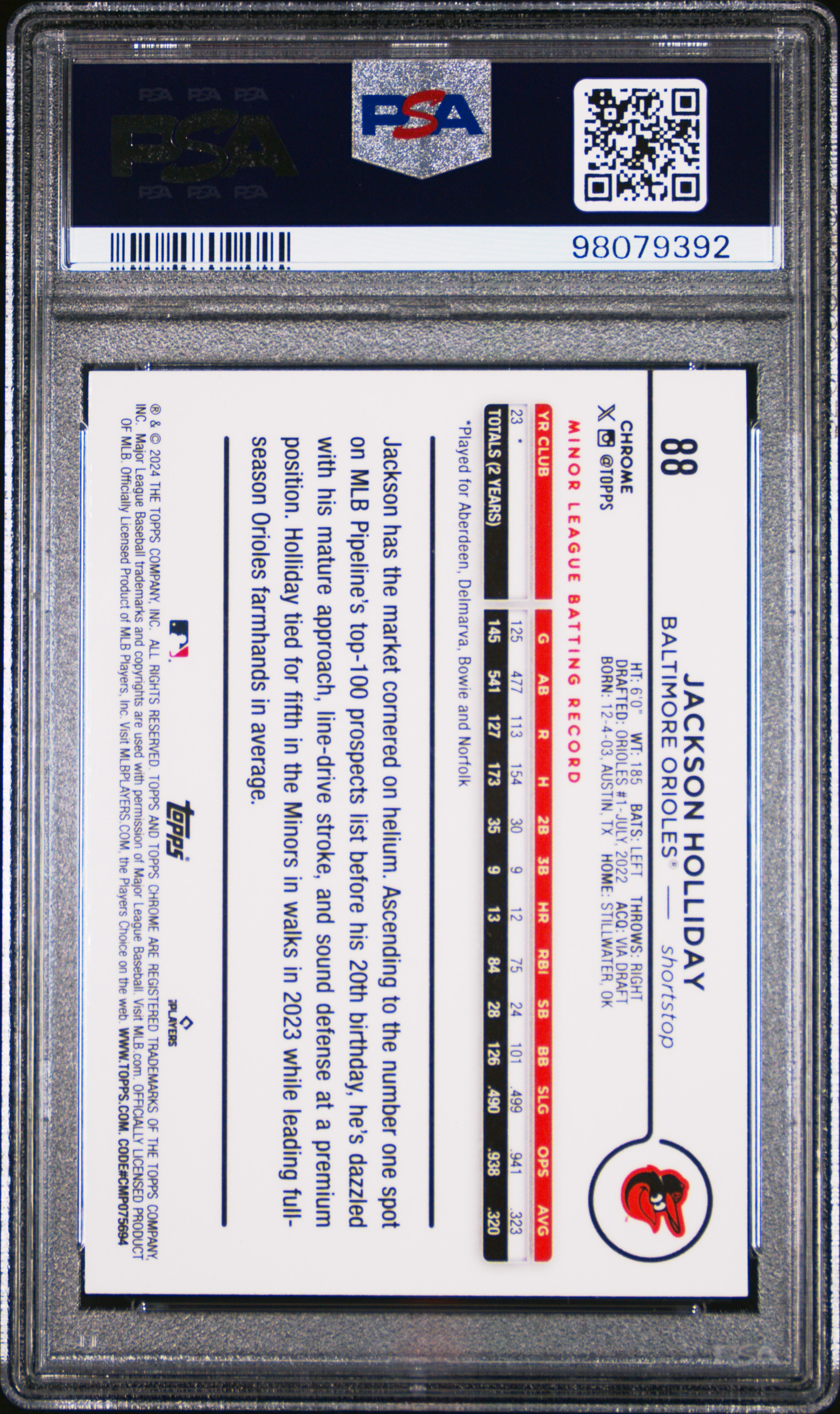 2024 Topps Chrome Jackson Holliday #88 (Green Raywave) Gem Mt 10 back