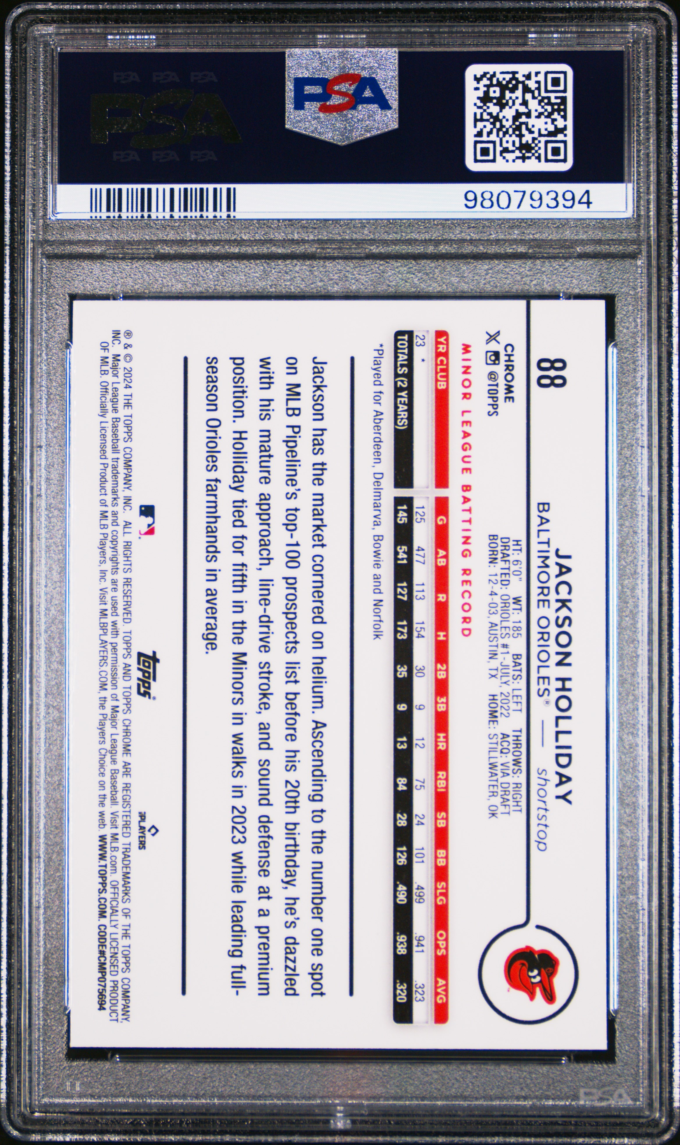 2024 Topps Chrome Jackson Holliday #88 (Aqua Refractor) Gem Mt 10 back