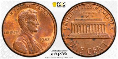 1982 1C Bronze, Small Date MS62RB