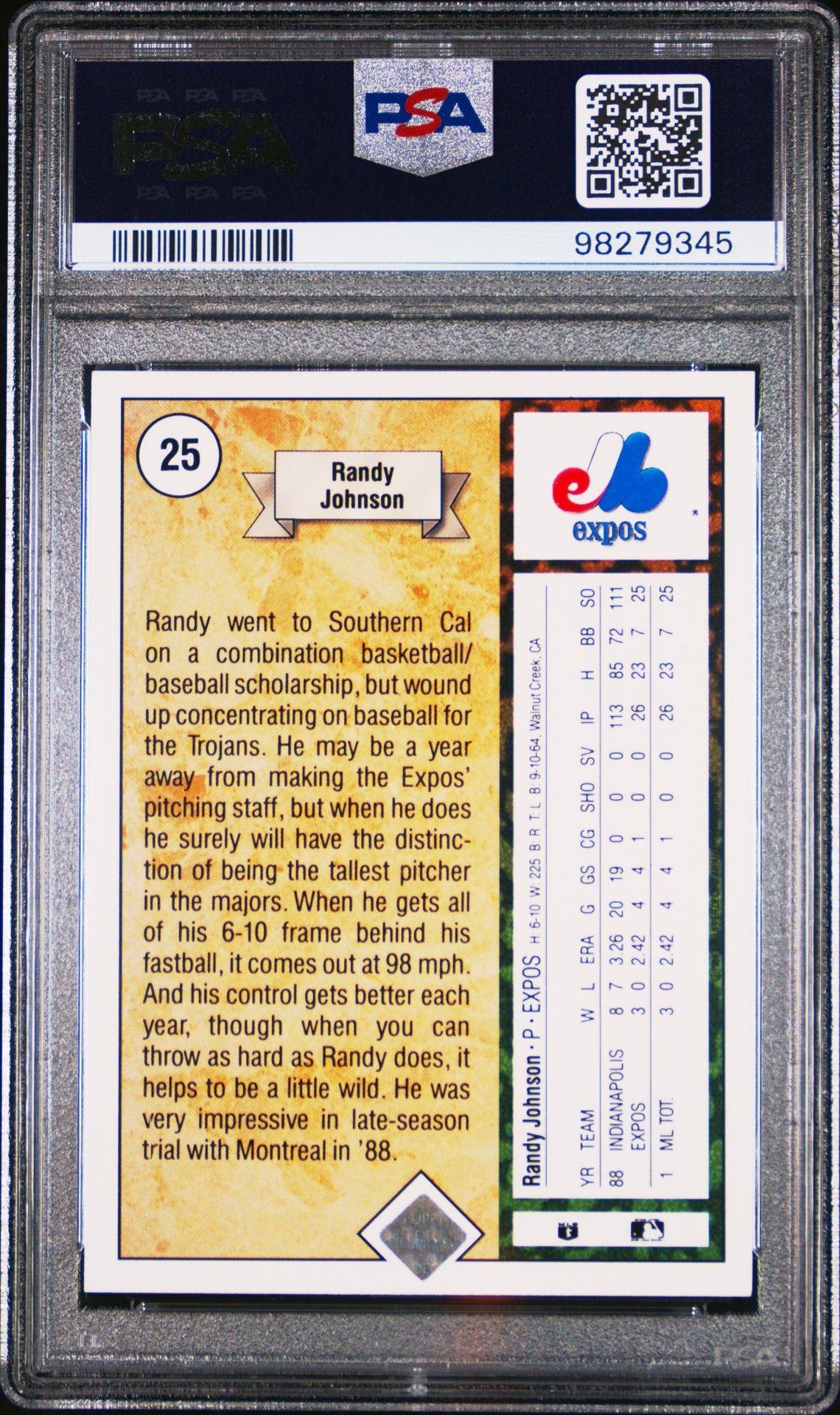 1989 UPPER DECK RANDY JOHNSON STAR ROOKIE 25 GEM MT 10 back