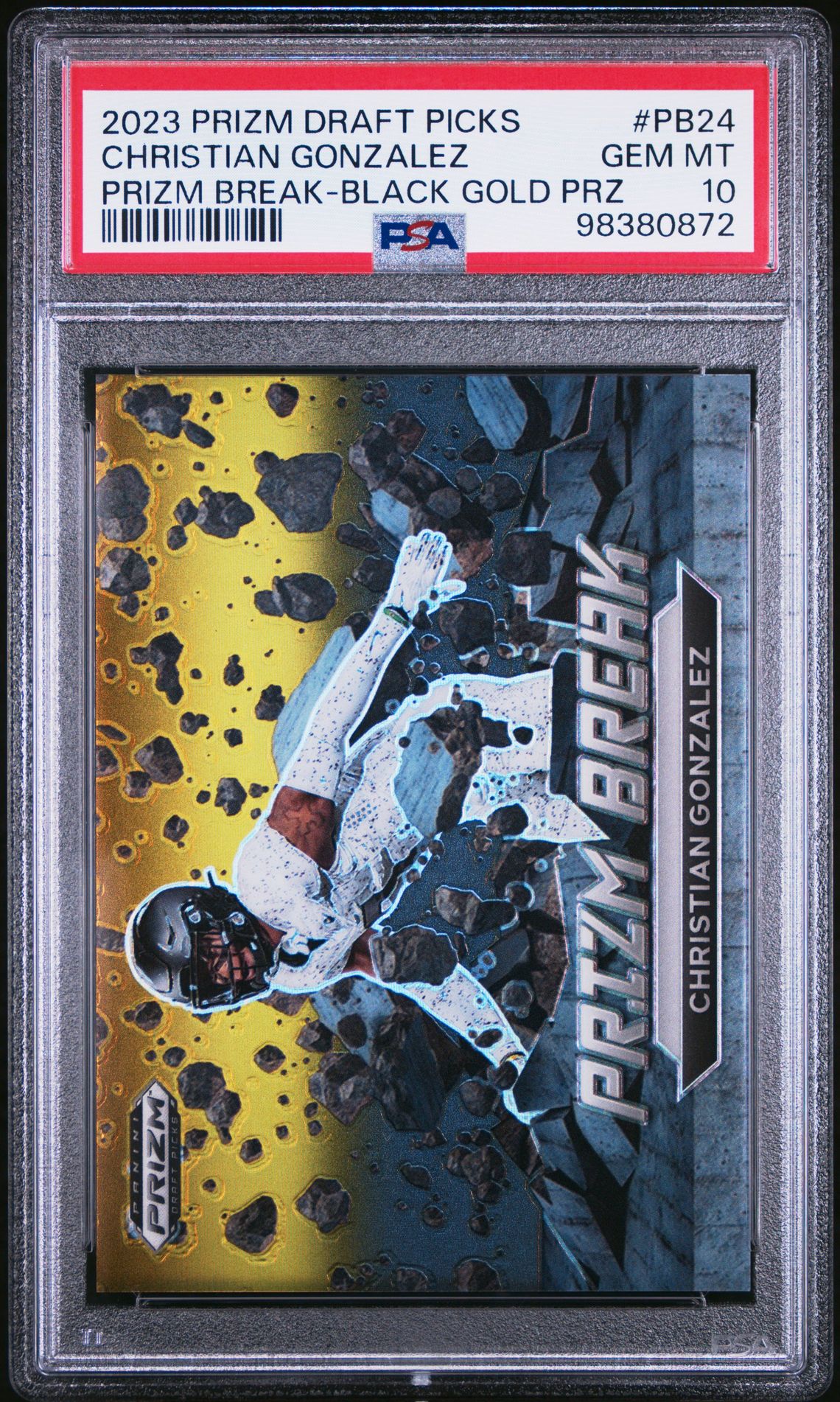 2023 Panini Prizm Draft Picks Prizm Break Christian Gonzalez #Pb24 (Prizm Break-Black Gold Prz) Gem Mt 10 front view - PSA graded GEM MT 10