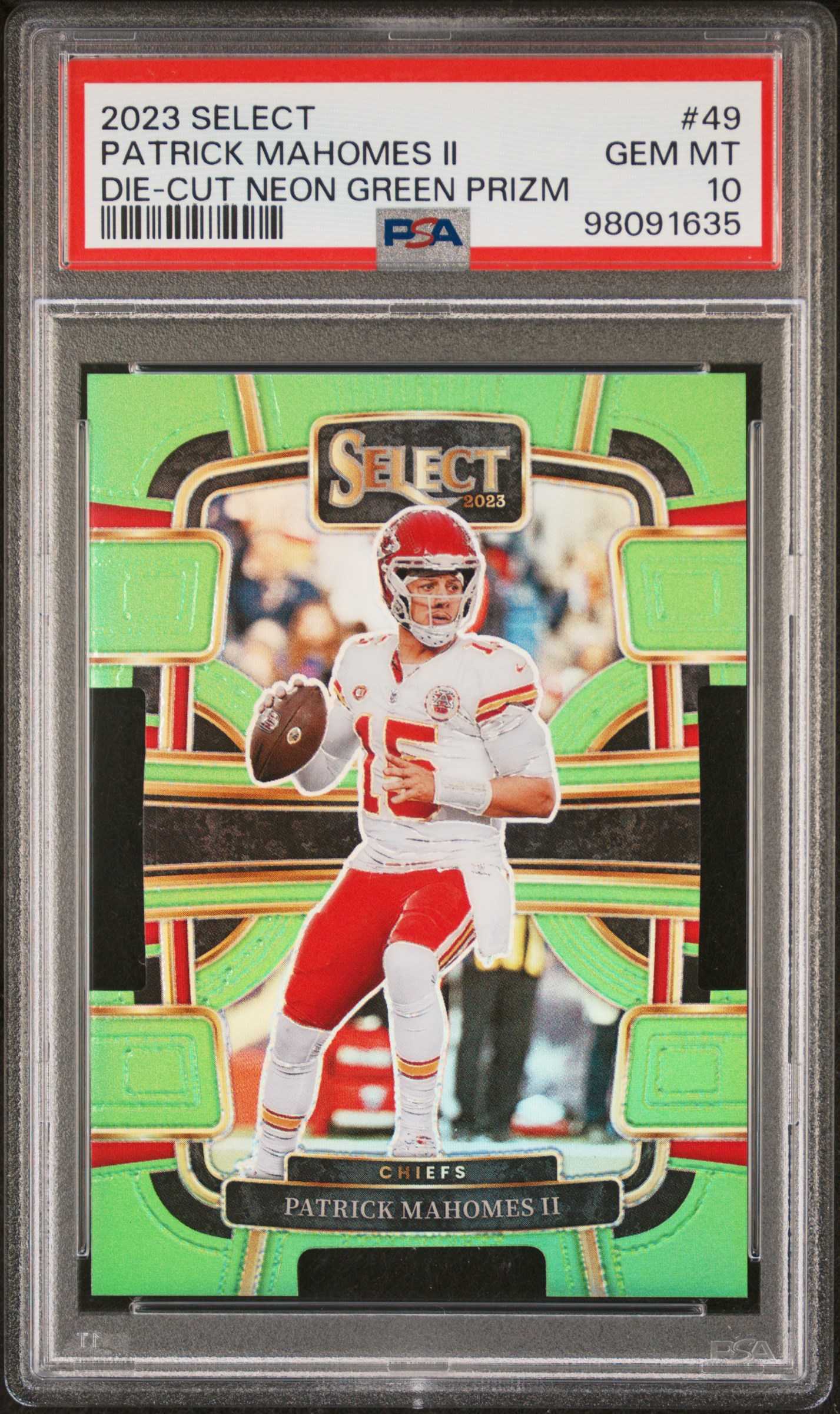 2023 Panini Select Patrick Mahomes Ii #49 (Die-Cut Neon Green Prizm) Gem Mt 10 front