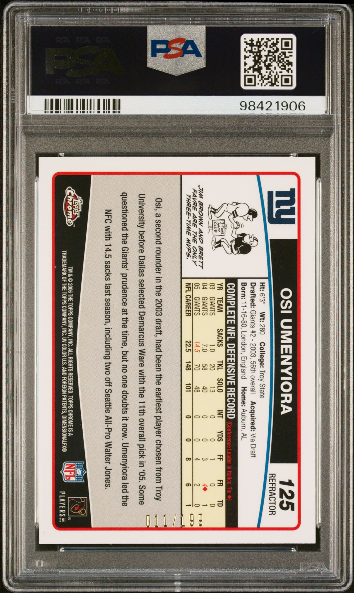 2006 Topps Chrome Osi Umenyiora #125 (Black Refractor) Mint 9 back