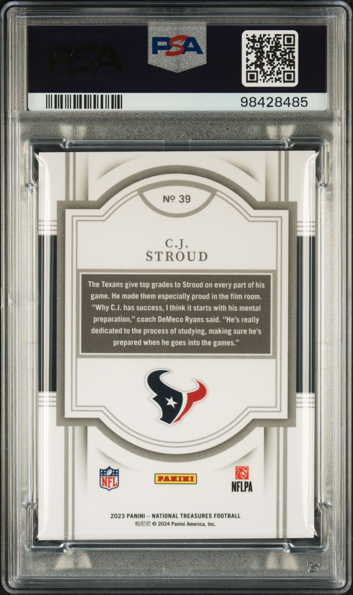 2023 Panini National Treasures Cj Stroud #39 (Gold) Gem Mt 10 back