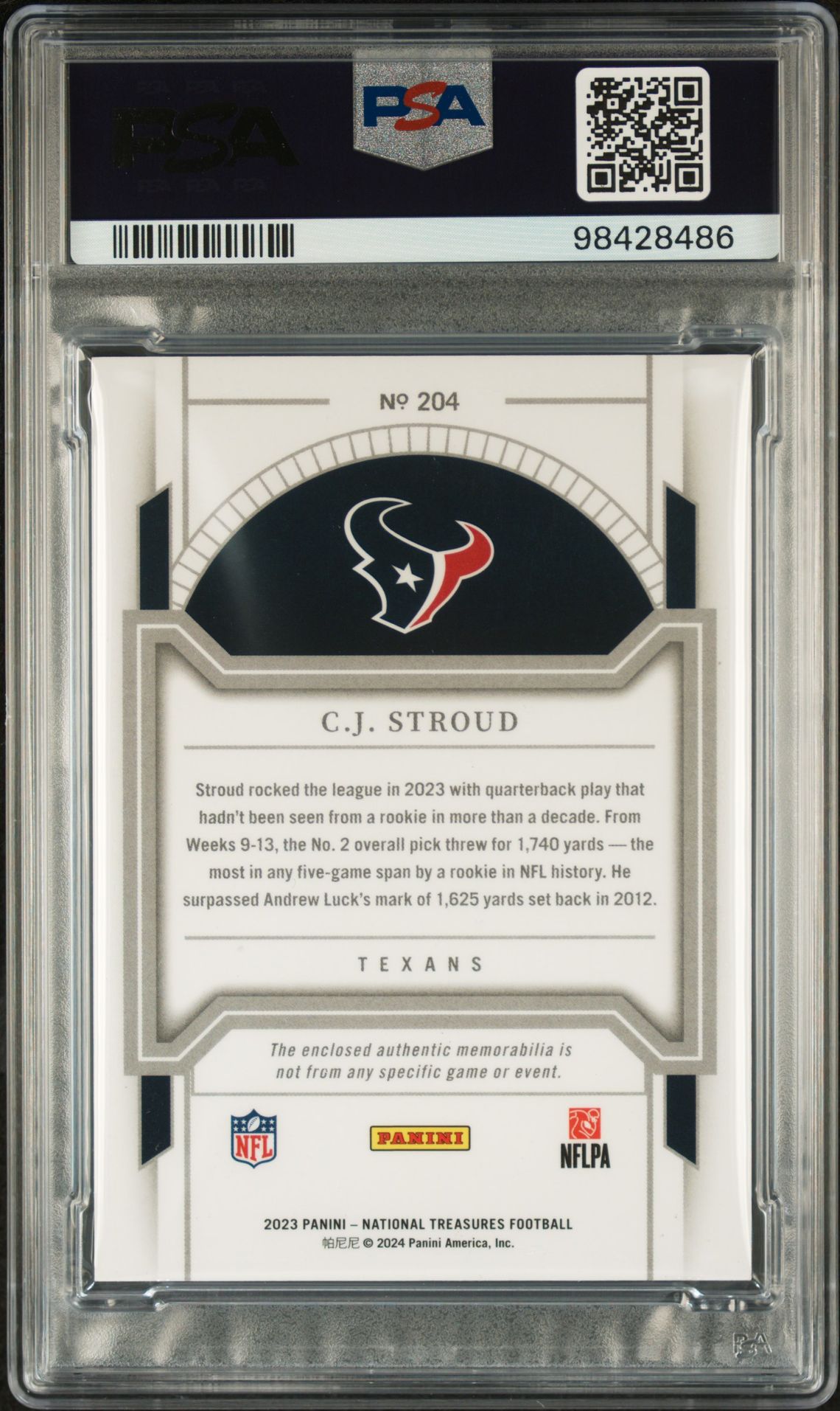 2023 Panini National Treasures Cj Stroud #204 (Patch-Black) Mint 9 back