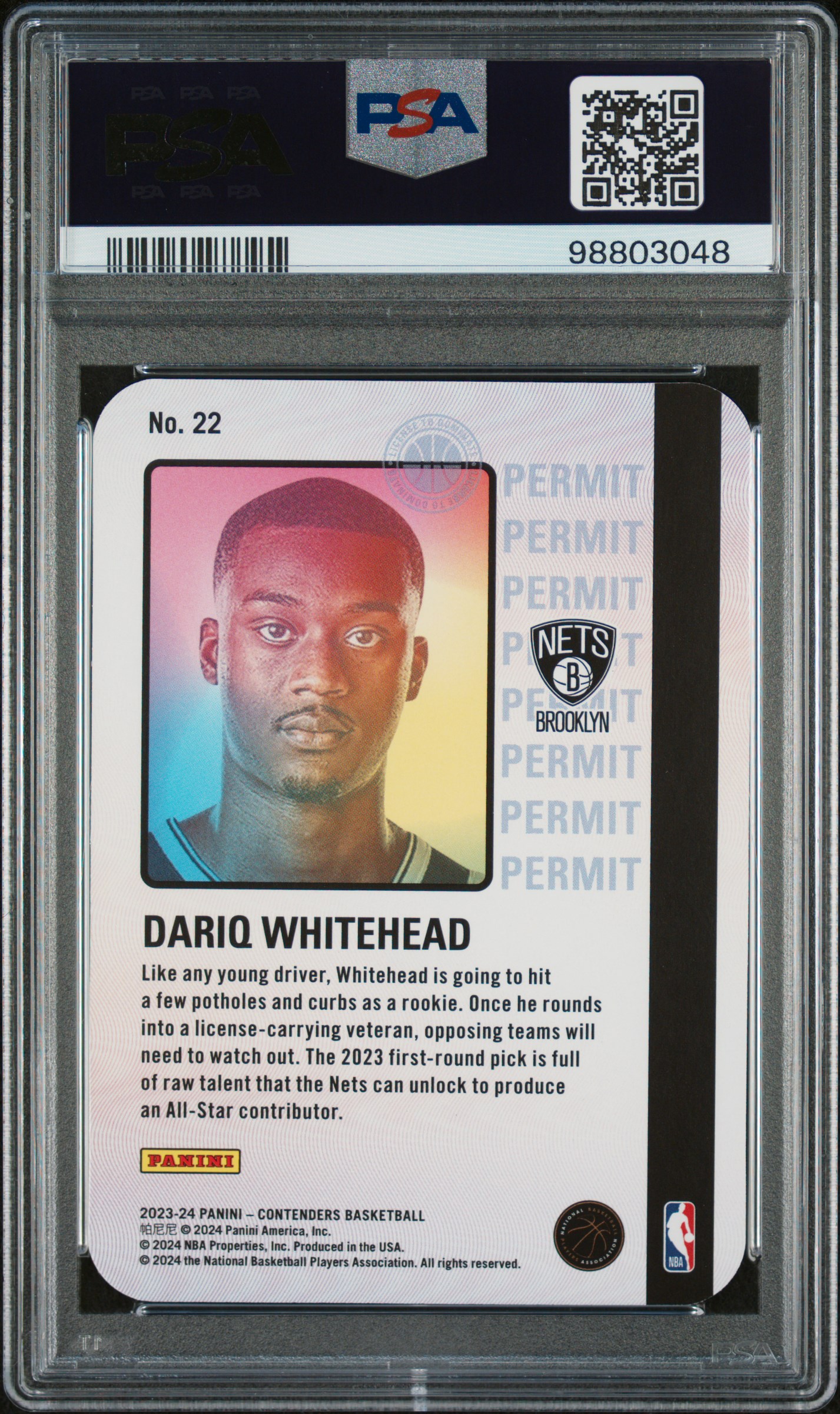 2023 Panini Contenders Permit To Dominate Dariq Whitehead #22 Gem Mt 10 back